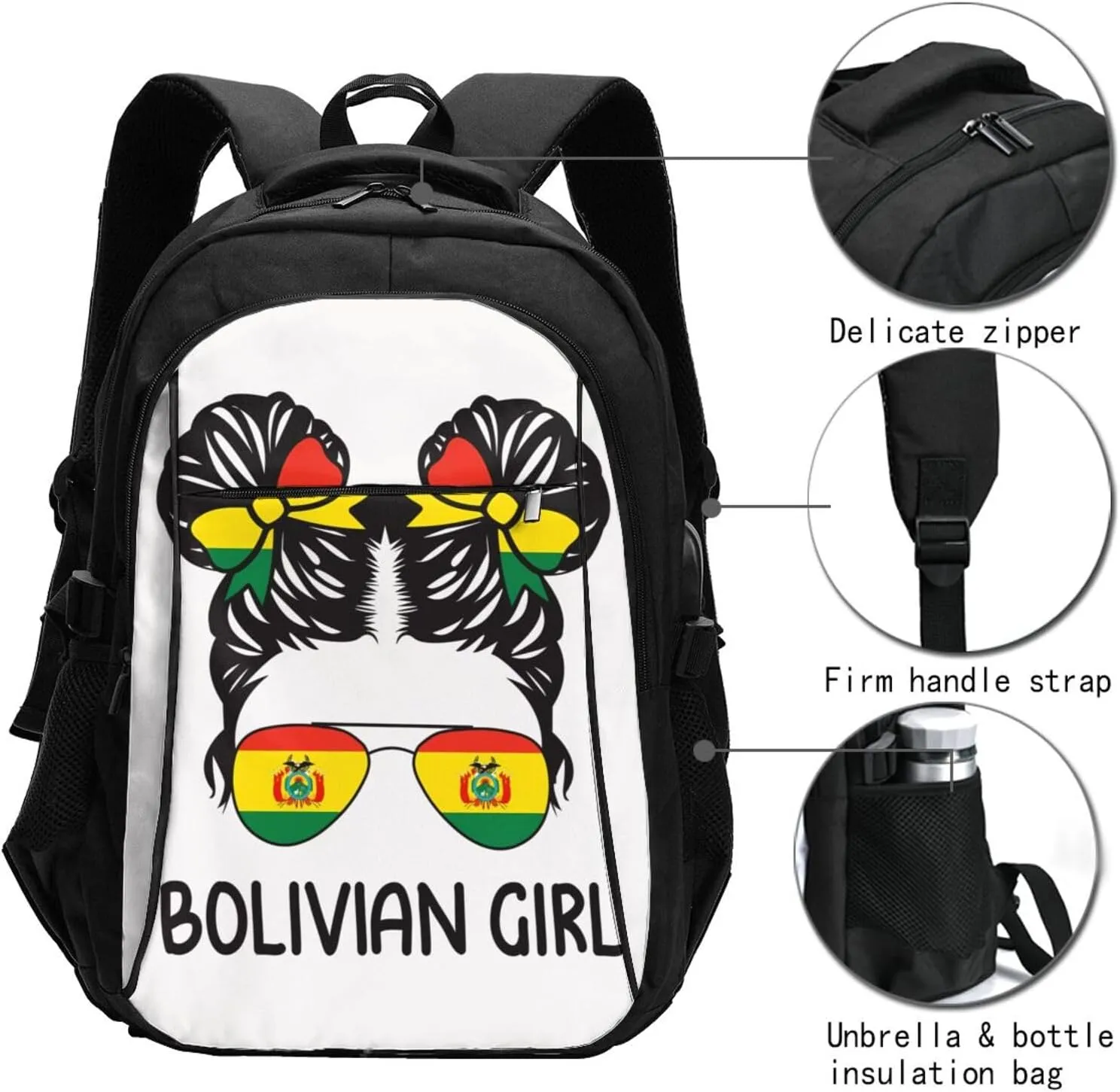 Bolivian Women Messy Hair Sunglasses Bolivia Pride Travel Backpacks Casual Backpack Large Capacity Laptop Rucksack Luggage Daypacks with USB Charging Port Multi-Pockets Bags for Hiking