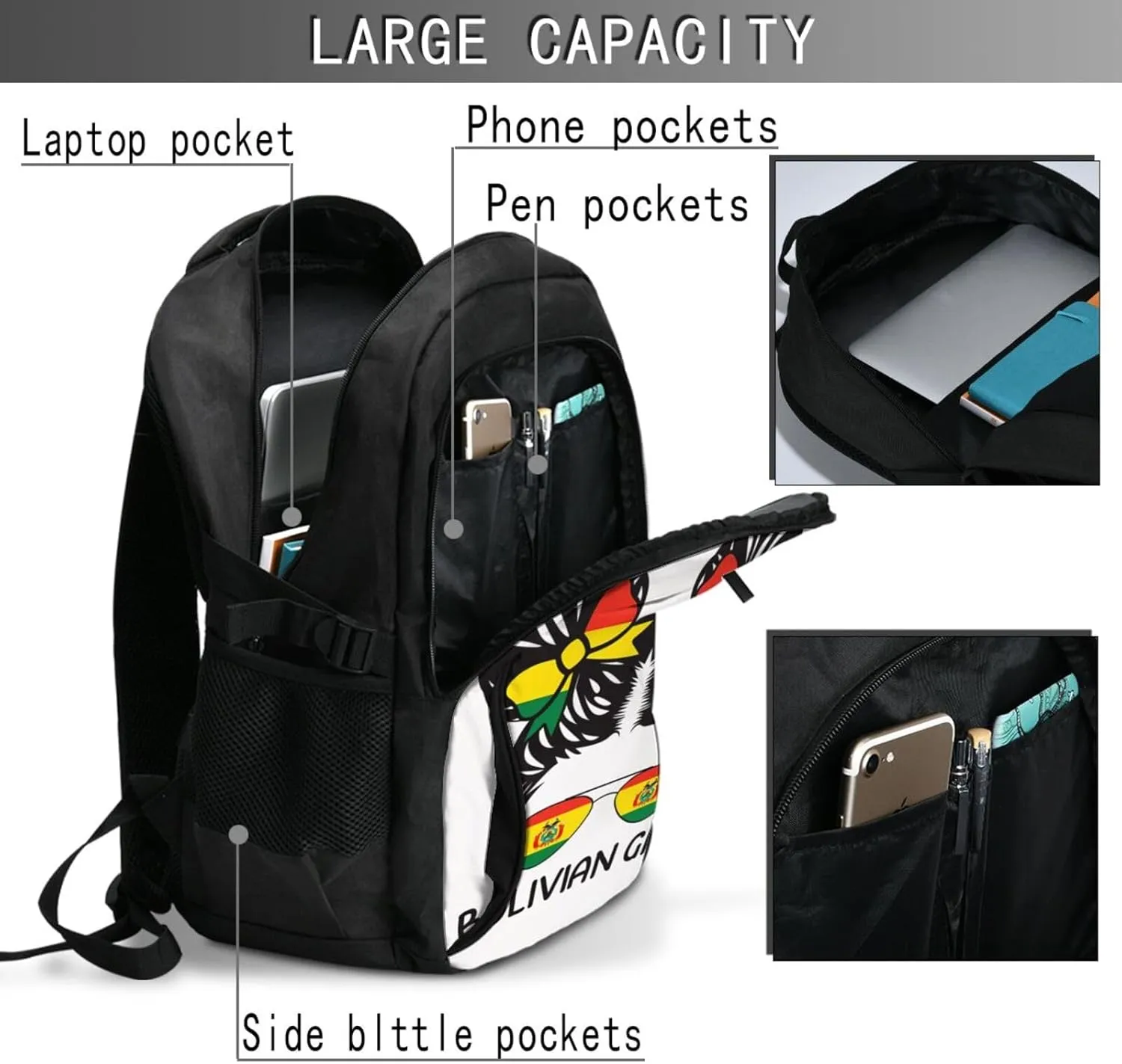 Bolivian Women Messy Hair Sunglasses Bolivia Pride Travel Backpacks Casual Backpack Large Capacity Laptop Rucksack Luggage Daypacks with USB Charging Port Multi-Pockets Bags for Hiking