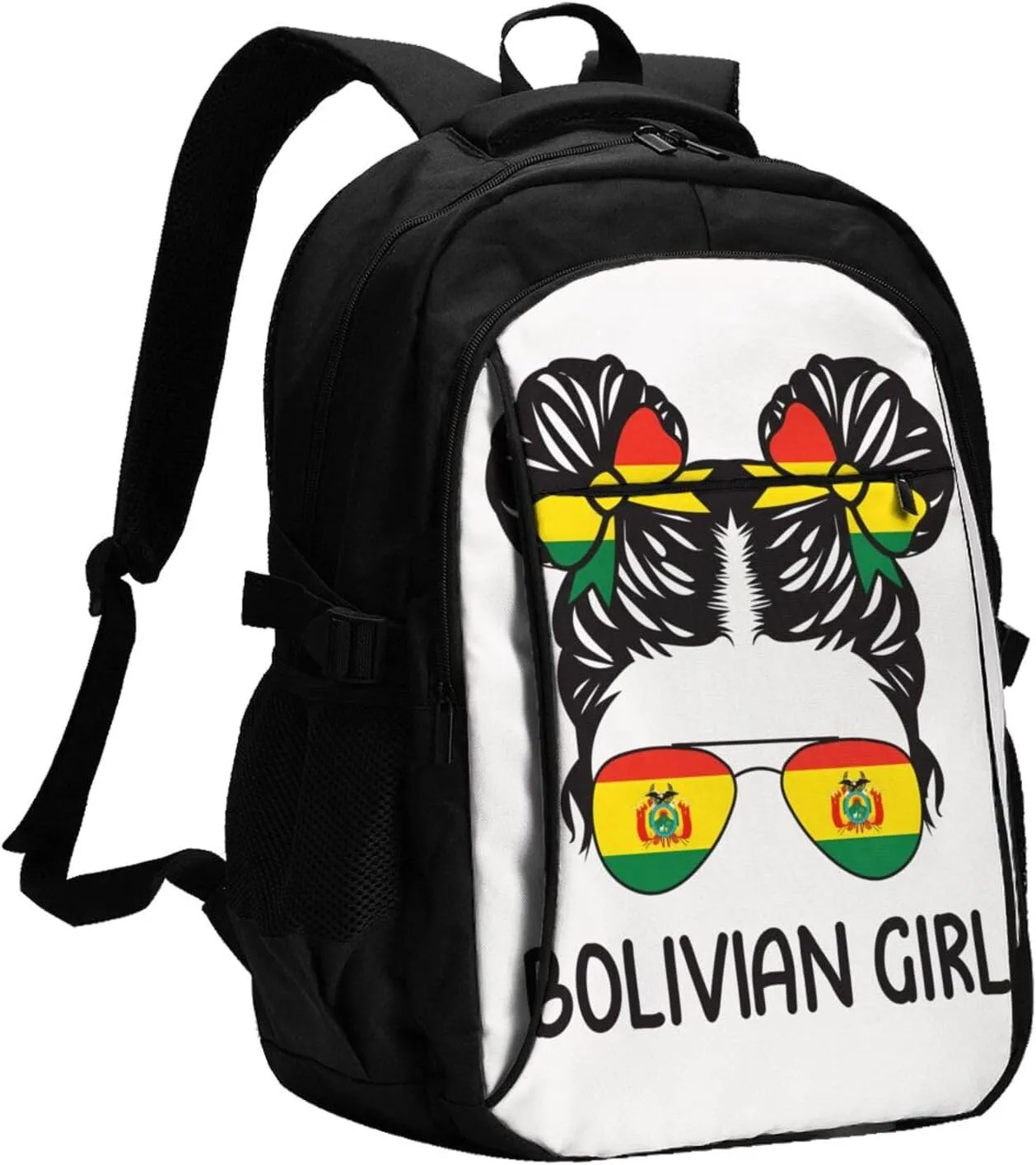 Bolivian Women Messy Hair Sunglasses Bolivia Pride Travel Backpacks Casual Backpack Large Capacity Laptop Rucksack Luggage Daypacks with USB Charging Port Multi-Pockets Bags for Hiking