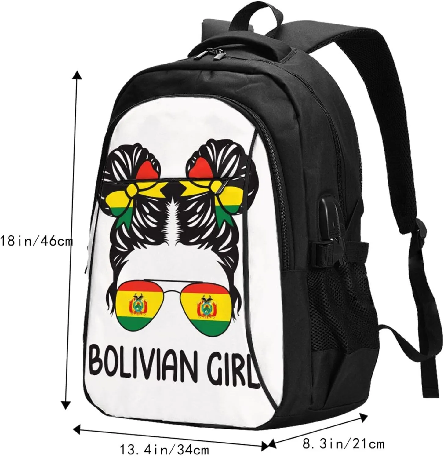 Bolivian Women Messy Hair Sunglasses Bolivia Pride Travel Backpacks Casual Backpack Large Capacity Laptop Rucksack Luggage Daypacks with USB Charging Port Multi-Pockets Bags for Hiking