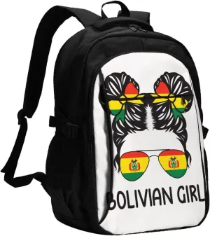 Bolivian Women Messy Hair Sunglasses Bolivia Pride Travel Backpacks Casual Backpack Large Capacity Laptop Rucksack Luggage Daypacks with USB Charging Port Multi-Pockets Bags for Hiking