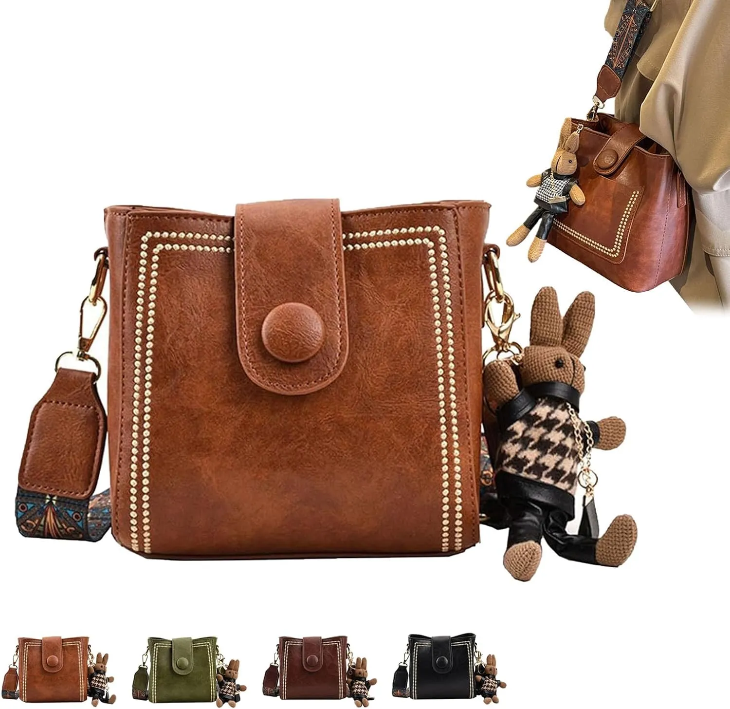 Bootara Bucket Bag, Bucket Bags for Women, Adjustable Wide Shoulder Strap, Vintage Crossbody Bag with Bunny Charm