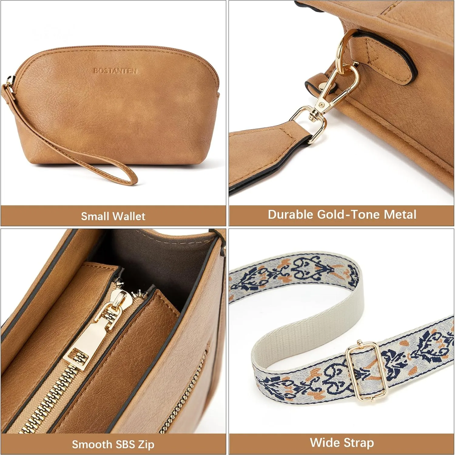 BOSTANTEN Crossbody Bags for Women Trendy Vegan Leather Hobo Handbags Fashion Shoulder Purse with Adjustable Guitar Strap