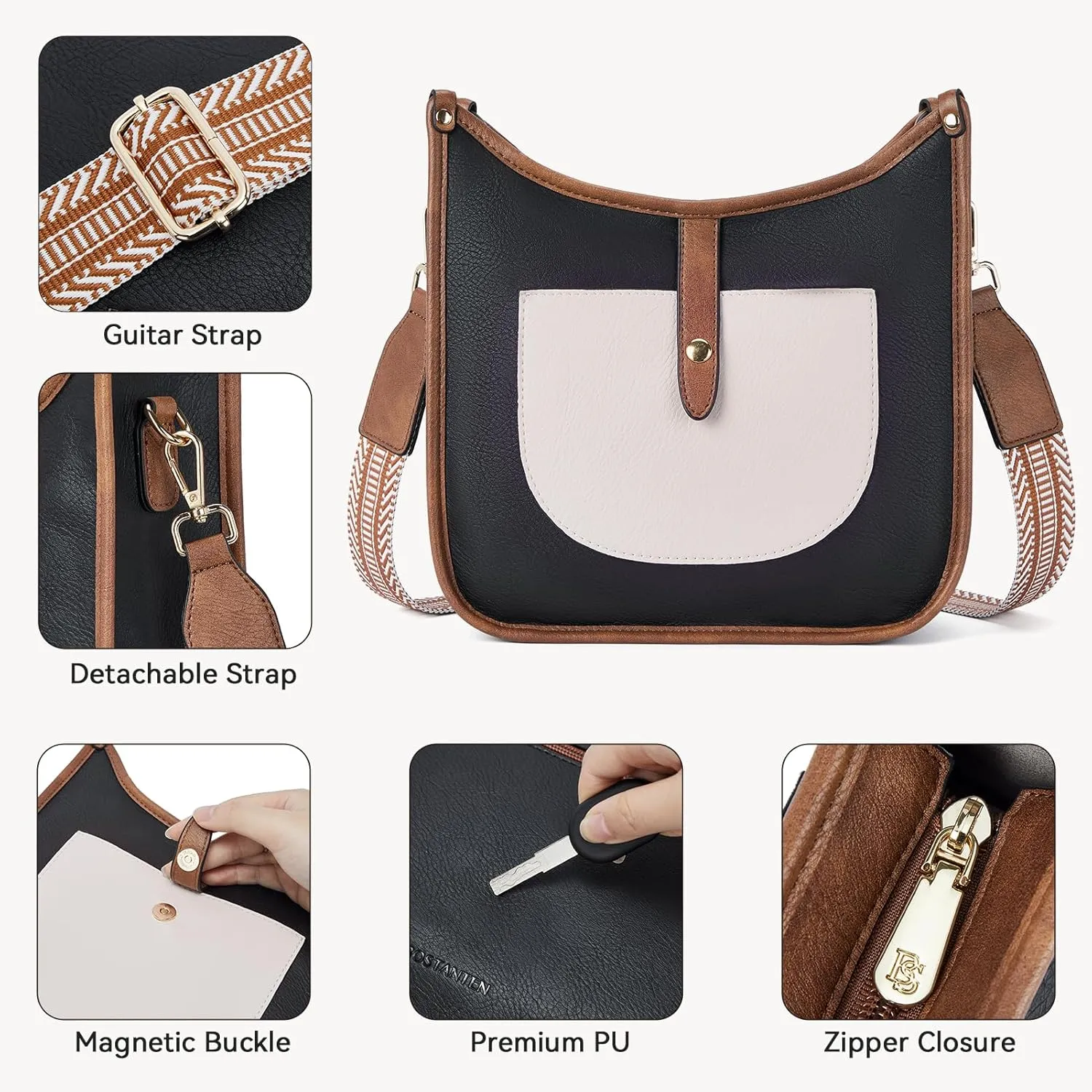 BOSTANTEN Crossbody Bags for Women Trendy Vegan Leather Hobo Handbags Fashion Shoulder Purse with Adjustable Guitar Strap