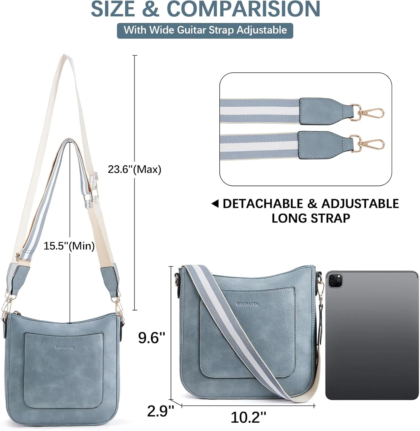 BOSTANTEN Crossbody Bags for Women Trendy Vegan Leather Hobo Handbags Fashion Shoulder Purse with Adjustable Guitar Strap