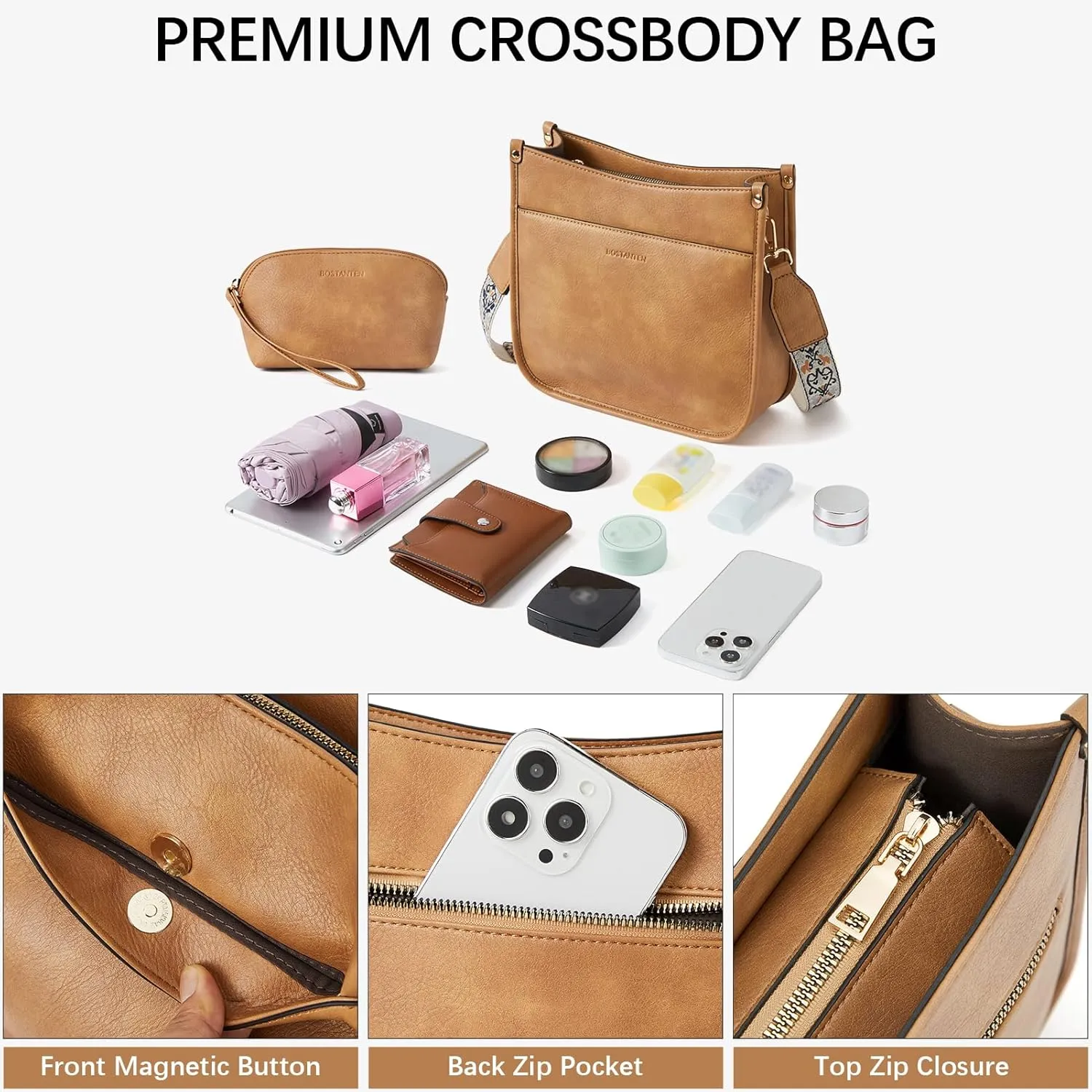 BOSTANTEN Crossbody Bags for Women Trendy Vegan Leather Hobo Handbags Fashion Shoulder Purse with Adjustable Guitar Strap