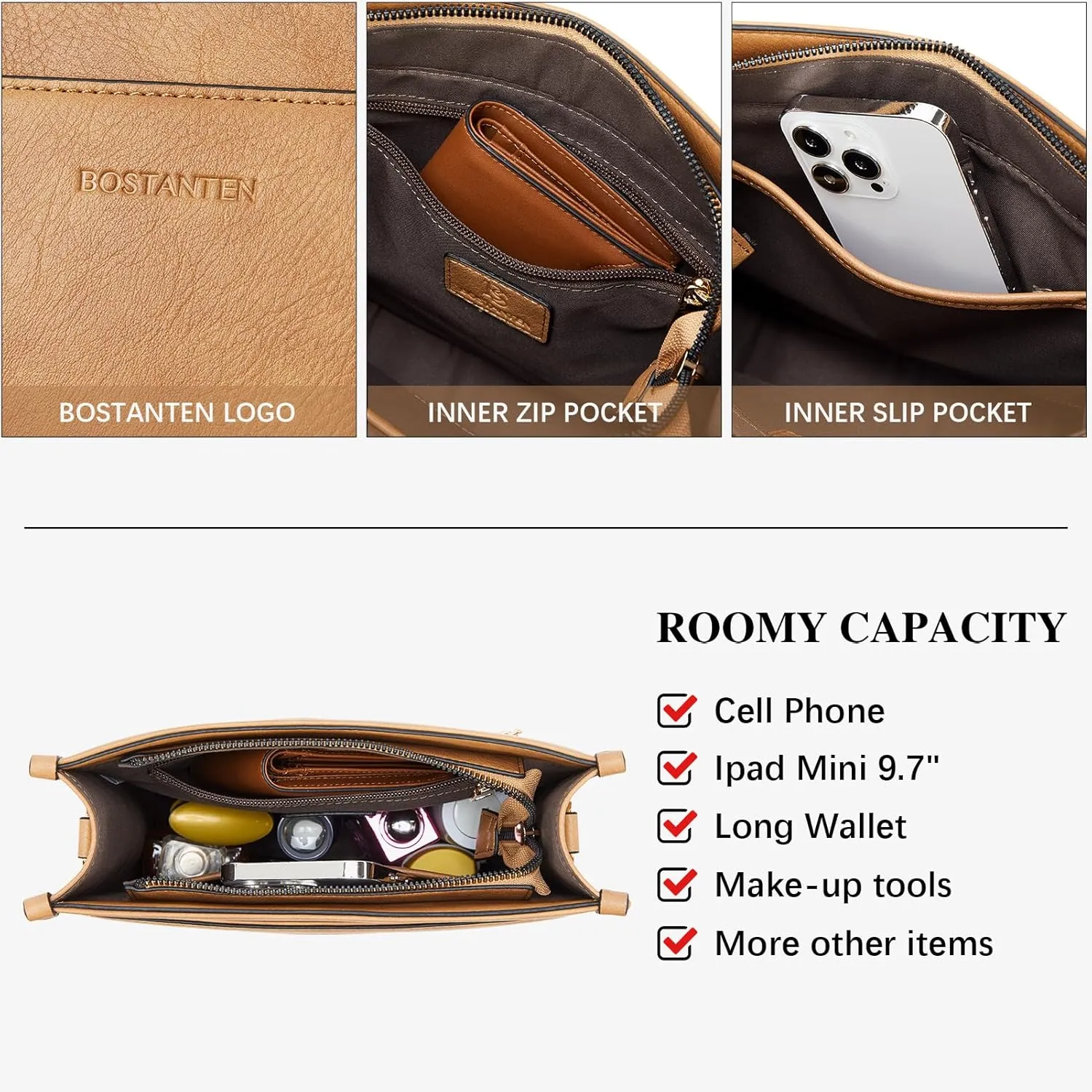 BOSTANTEN Crossbody Bags for Women Trendy Vegan Leather Hobo Handbags Fashion Shoulder Purse with Adjustable Guitar Strap