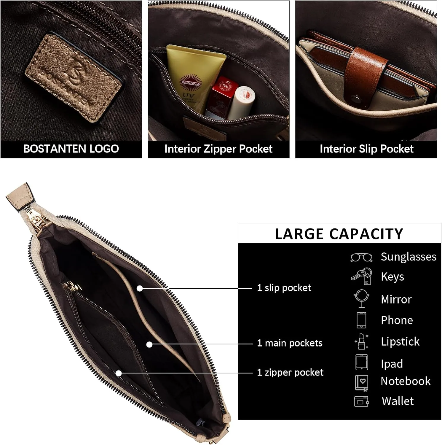 BOSTANTEN Crossbody Bags for Women Trendy Vegan Leather Hobo Purses Shoulder Handbags With Wide Shoulder Strap