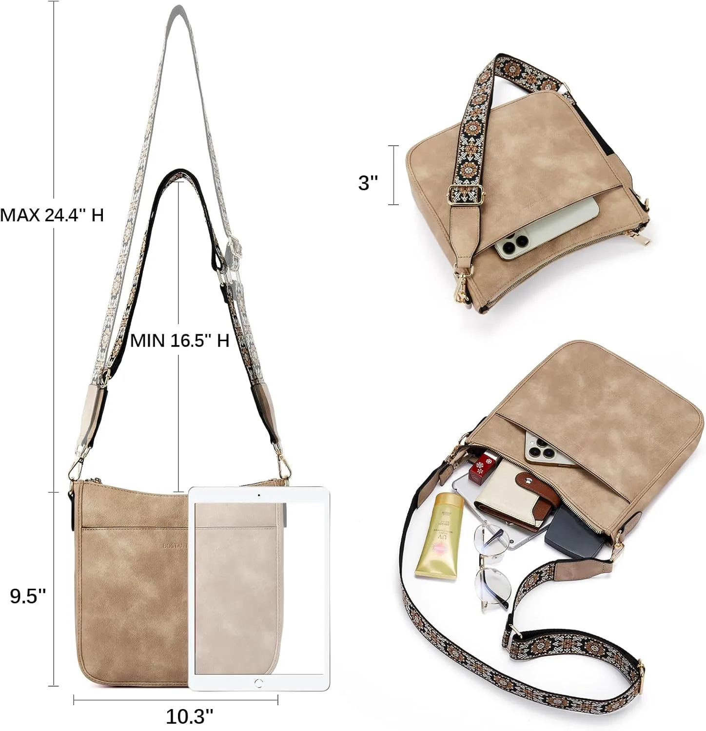 BOSTANTEN Crossbody Bags for Women Trendy Vegan Leather Hobo Purses Shoulder Handbags With Wide Shoulder Strap