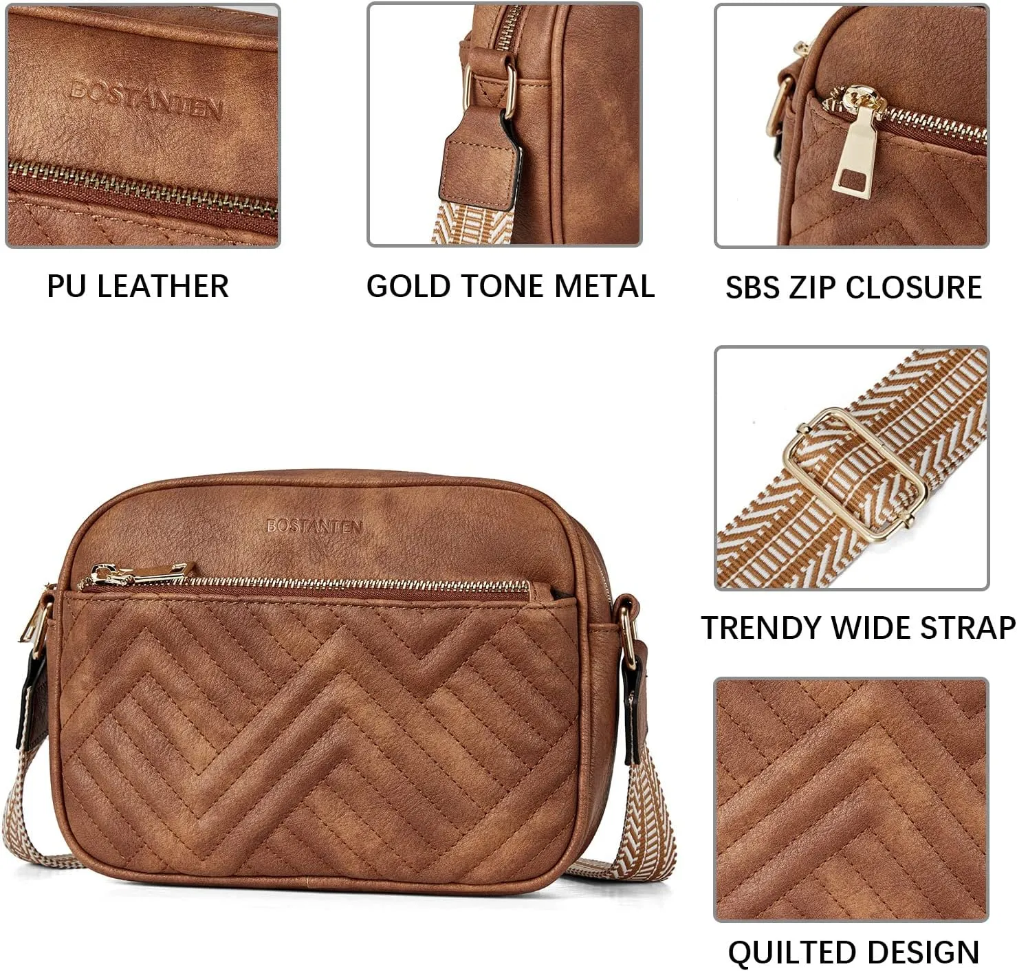 BOSTANTEN Quilted Crossbody Bags for Women Vegan Leather Purses Small Shoulder Handbags with Wide Strap