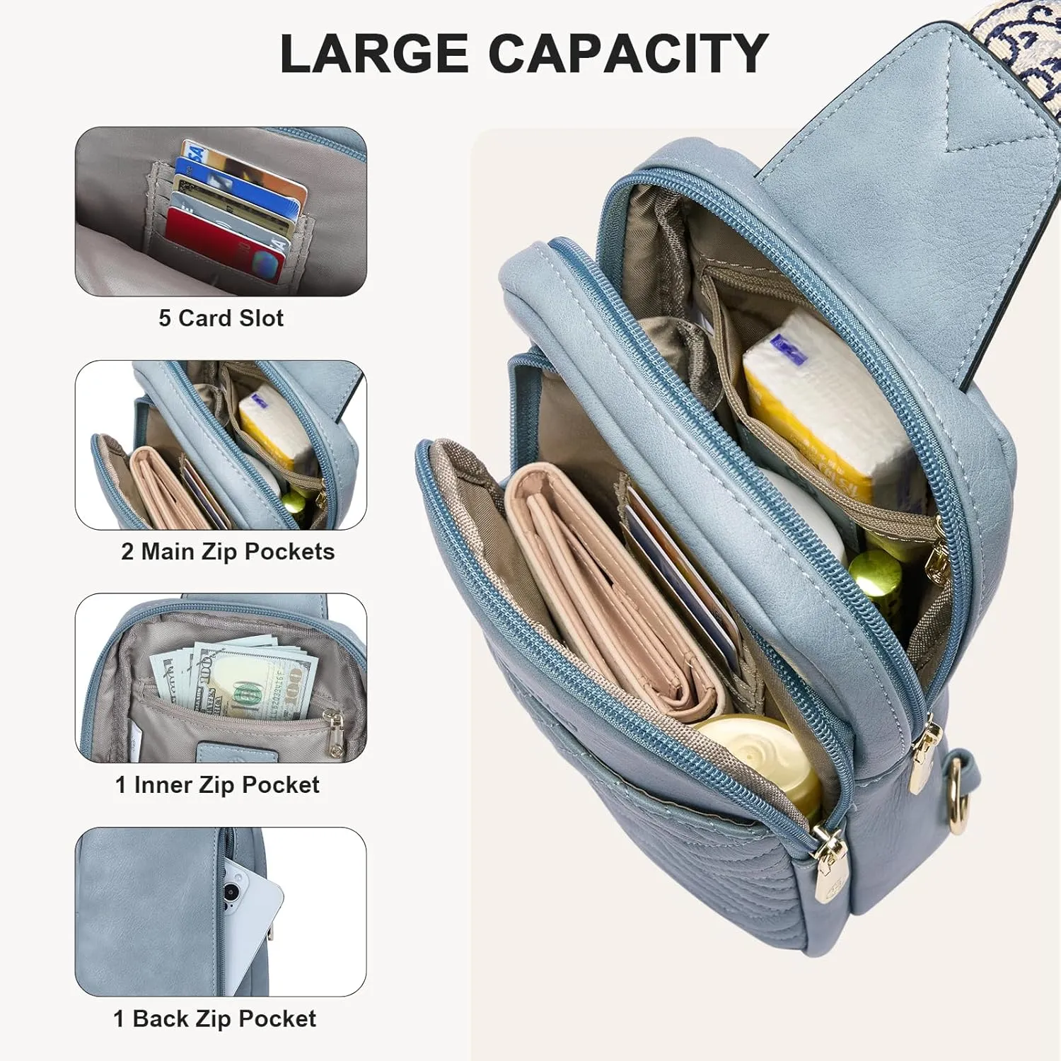 BOSTANTEN Sling Bag Quilted Crossbody Bags for Women Cross Body Purse Leather Fanny Pack with Adjustable Guitar Strap