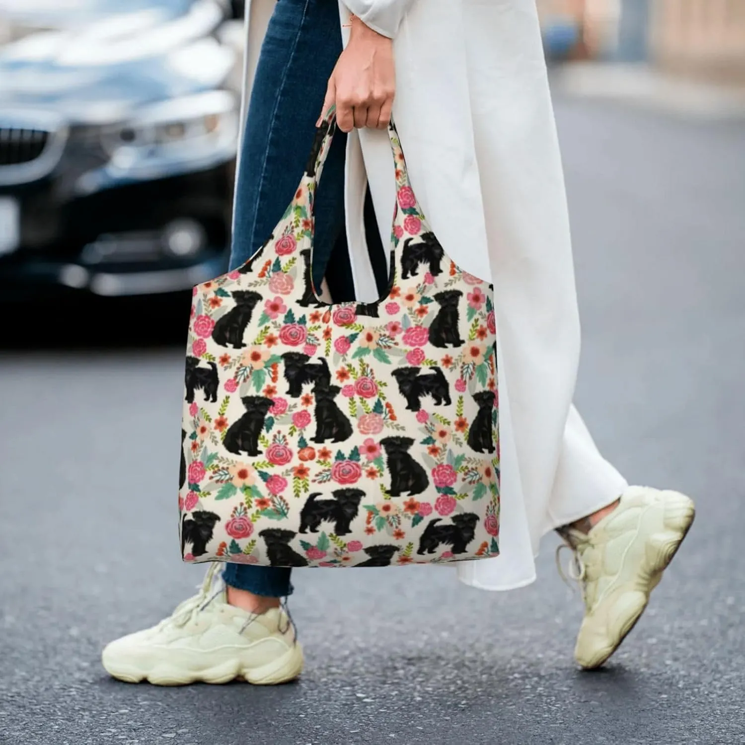 Boxer Dogs Rose Flower Floral Canvas Tote Bags For Grocery Shopping Reusable Cloth Bags Soft Shoulder Bag