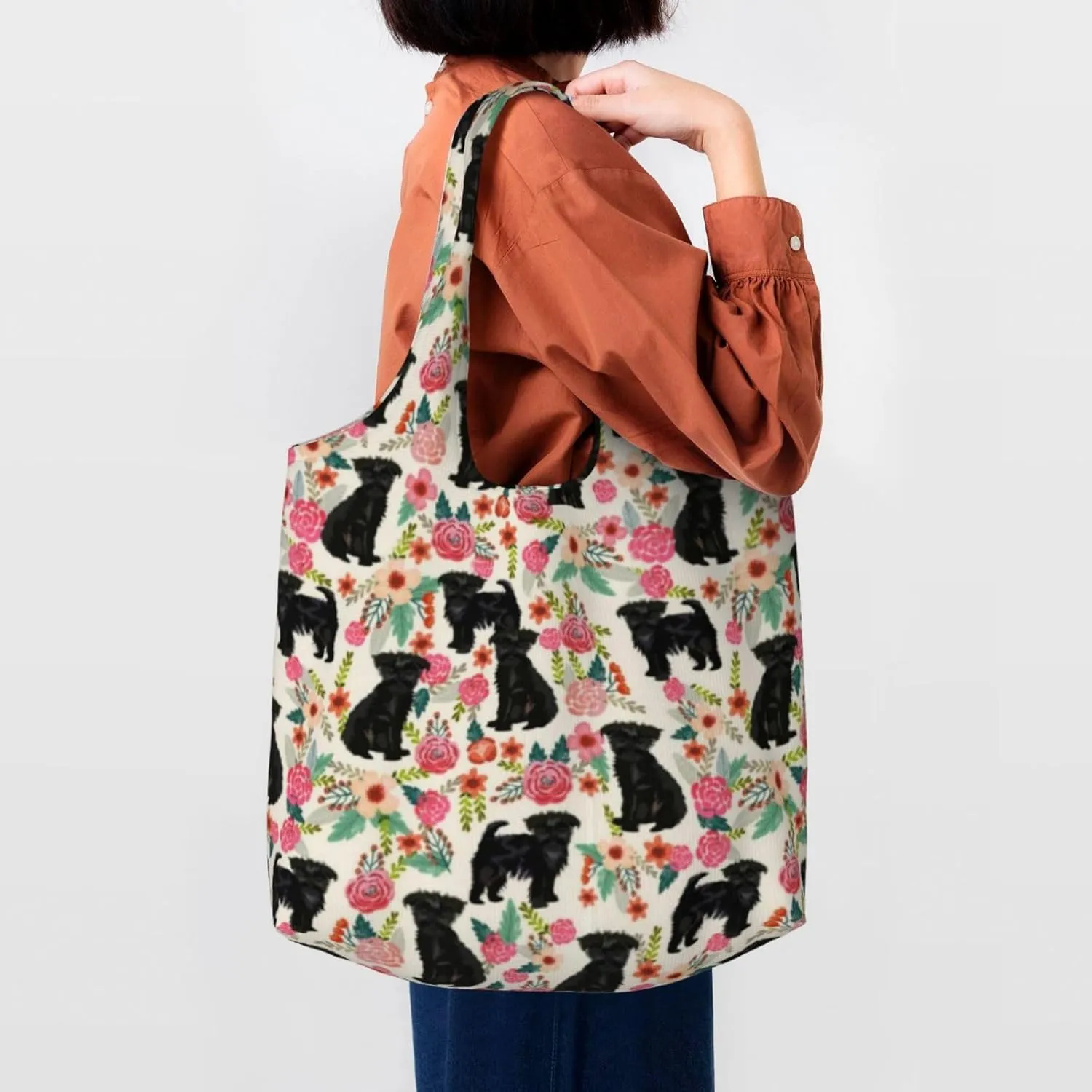 Boxer Dogs Rose Flower Floral Canvas Tote Bags For Grocery Shopping Reusable Cloth Bags Soft Shoulder Bag
