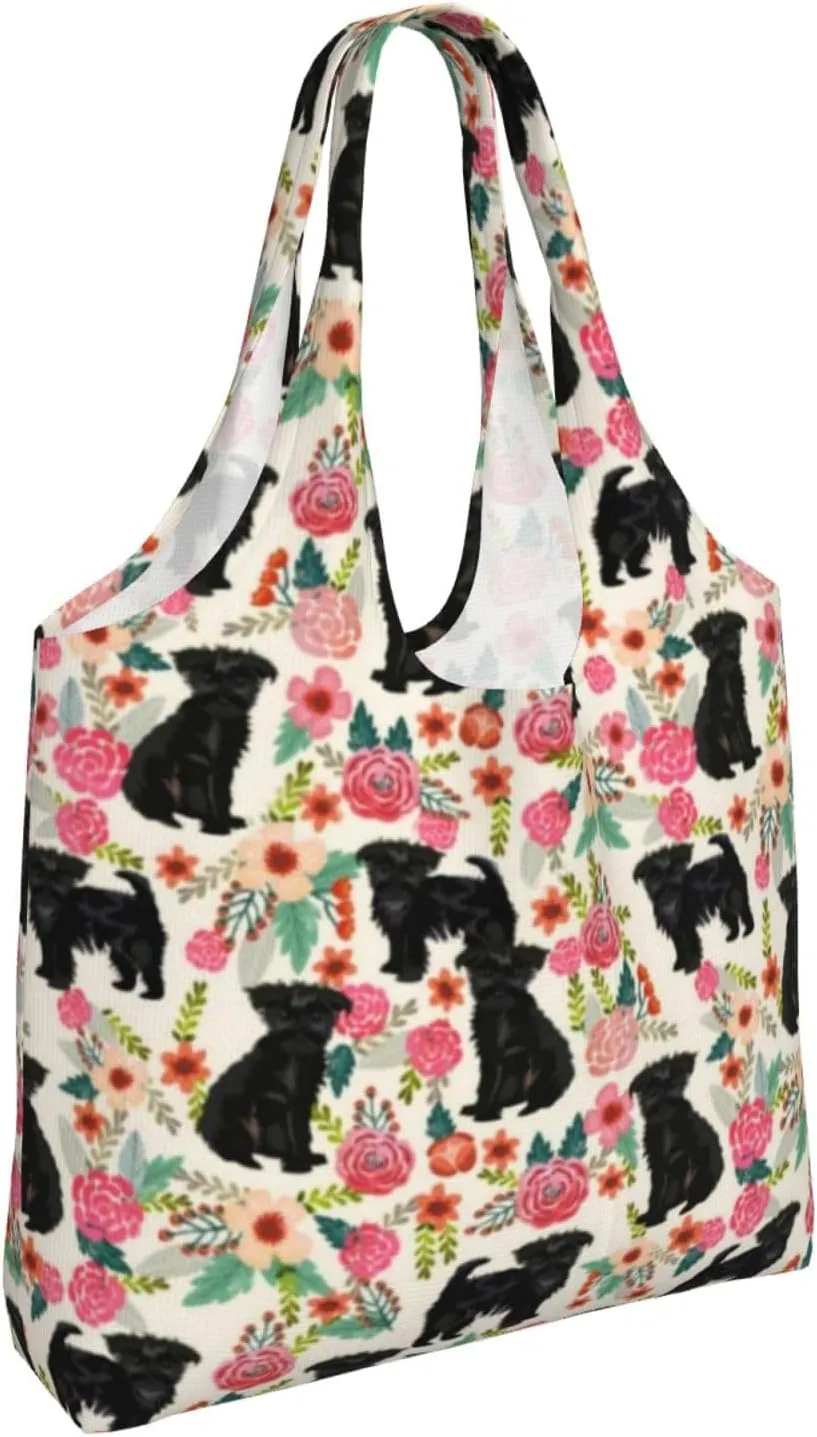 Boxer Dogs Rose Flower Floral Canvas Tote Bags For Grocery Shopping Reusable Cloth Bags Soft Shoulder Bag