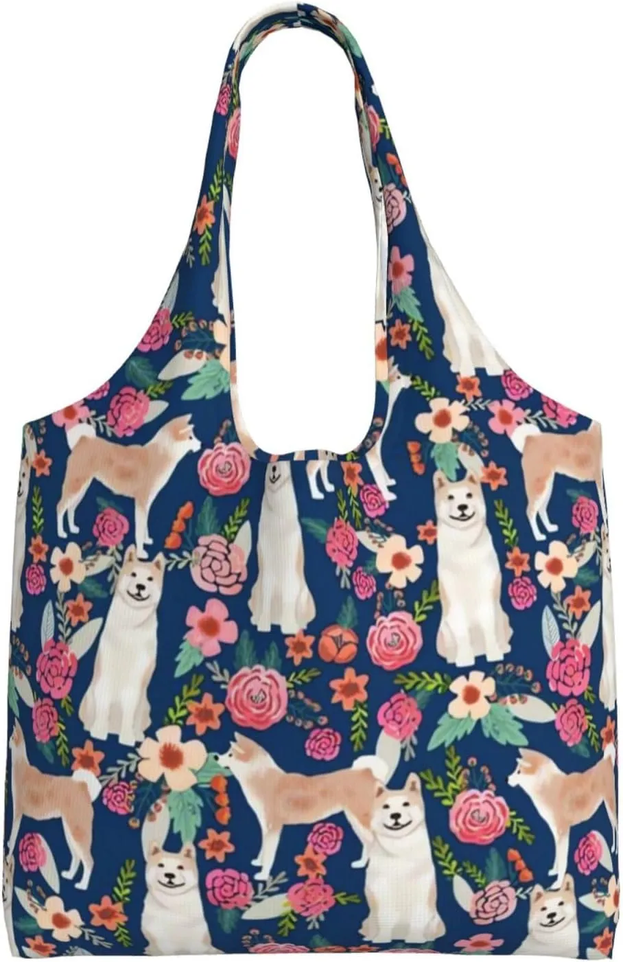 Boxer Dogs Rose Flower Floral Canvas Tote Bags For Grocery Shopping Reusable Cloth Bags Soft Shoulder Bag