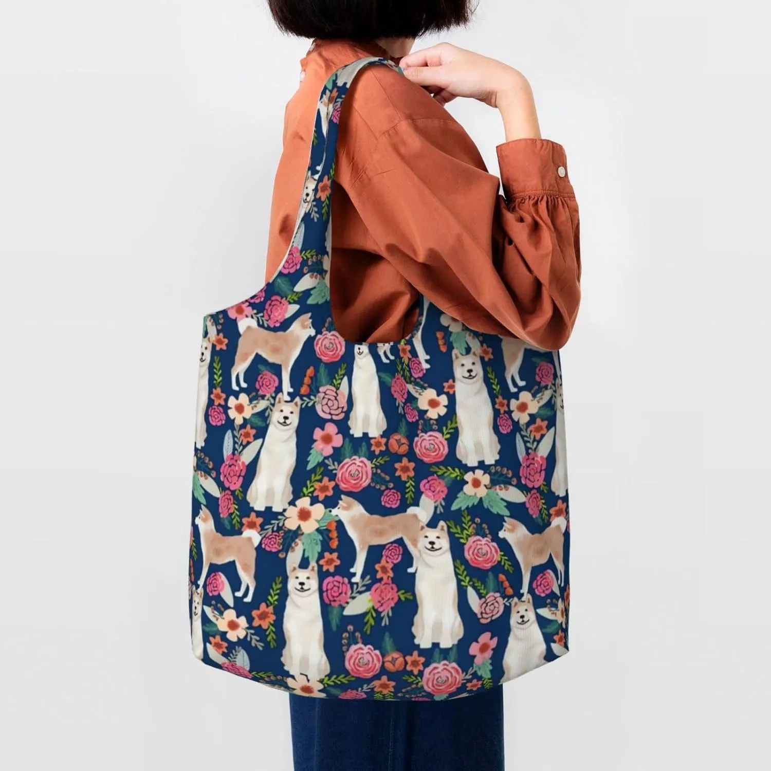 Boxer Dogs Rose Flower Floral Canvas Tote Bags For Grocery Shopping Reusable Cloth Bags Soft Shoulder Bag