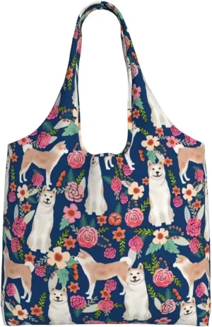 Boxer Dogs Rose Flower Floral Canvas Tote Bags For Grocery Shopping Reusable Cloth Bags Soft Shoulder Bag