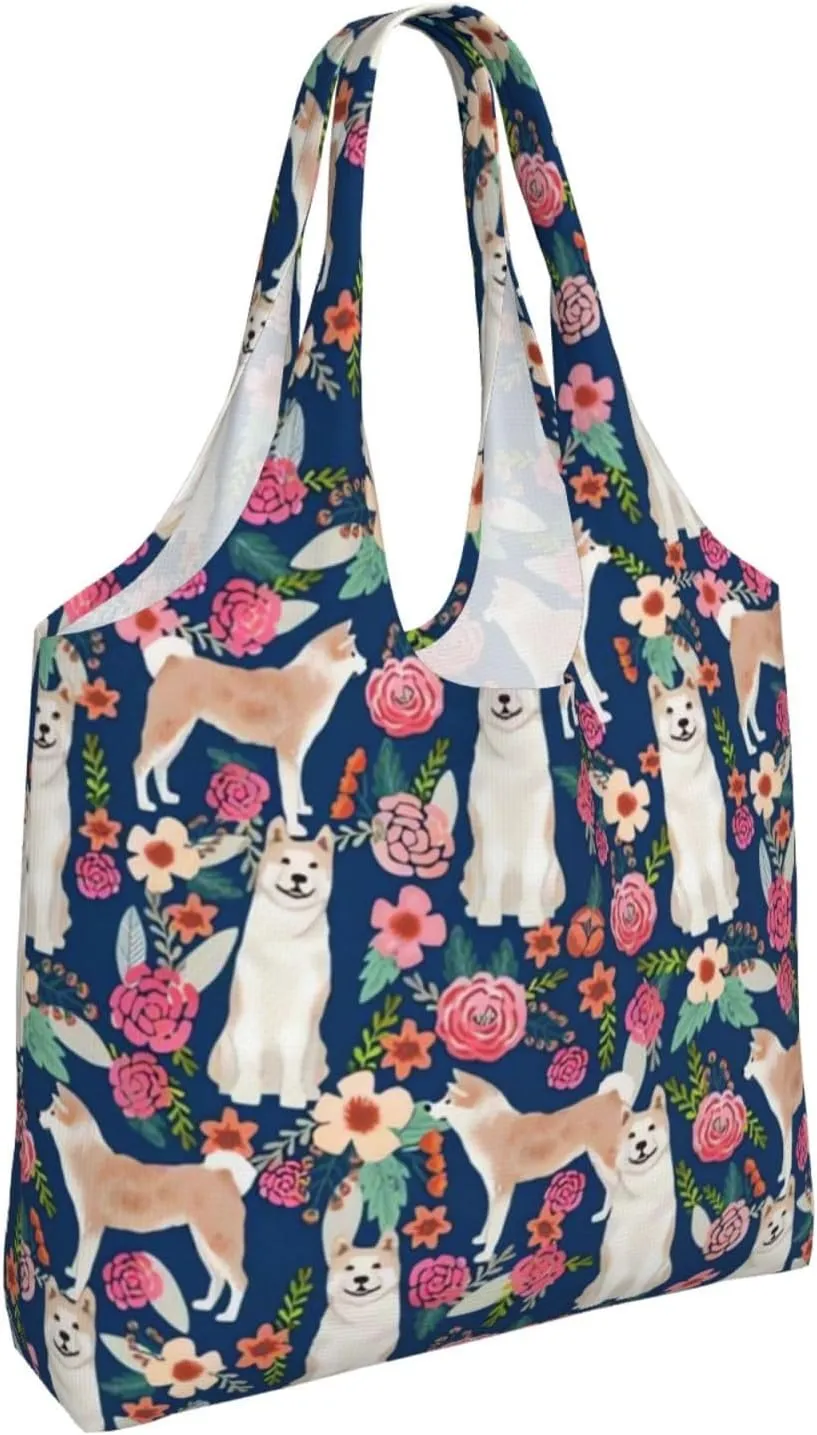 Boxer Dogs Rose Flower Floral Canvas Tote Bags For Grocery Shopping Reusable Cloth Bags Soft Shoulder Bag