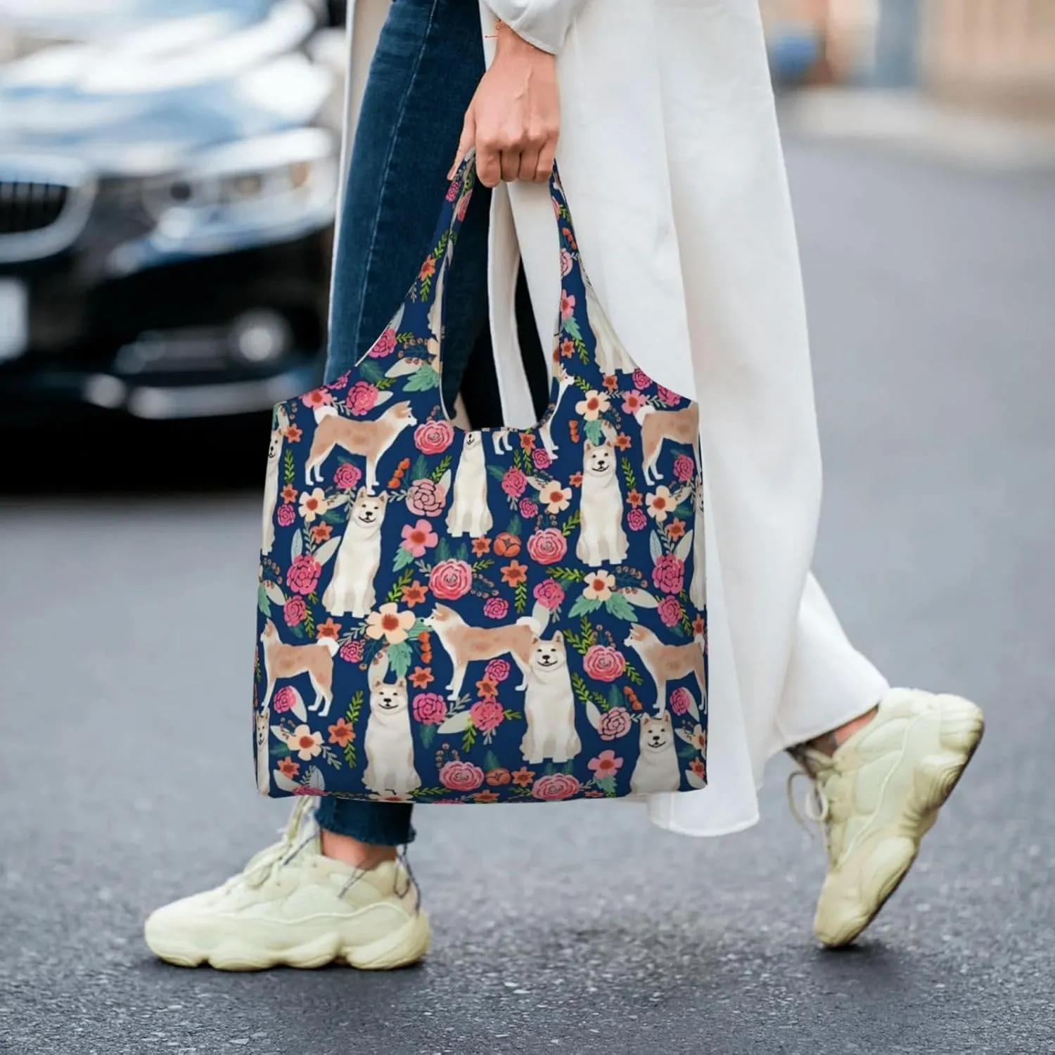 Boxer Dogs Rose Flower Floral Canvas Tote Bags For Grocery Shopping Reusable Cloth Bags Soft Shoulder Bag