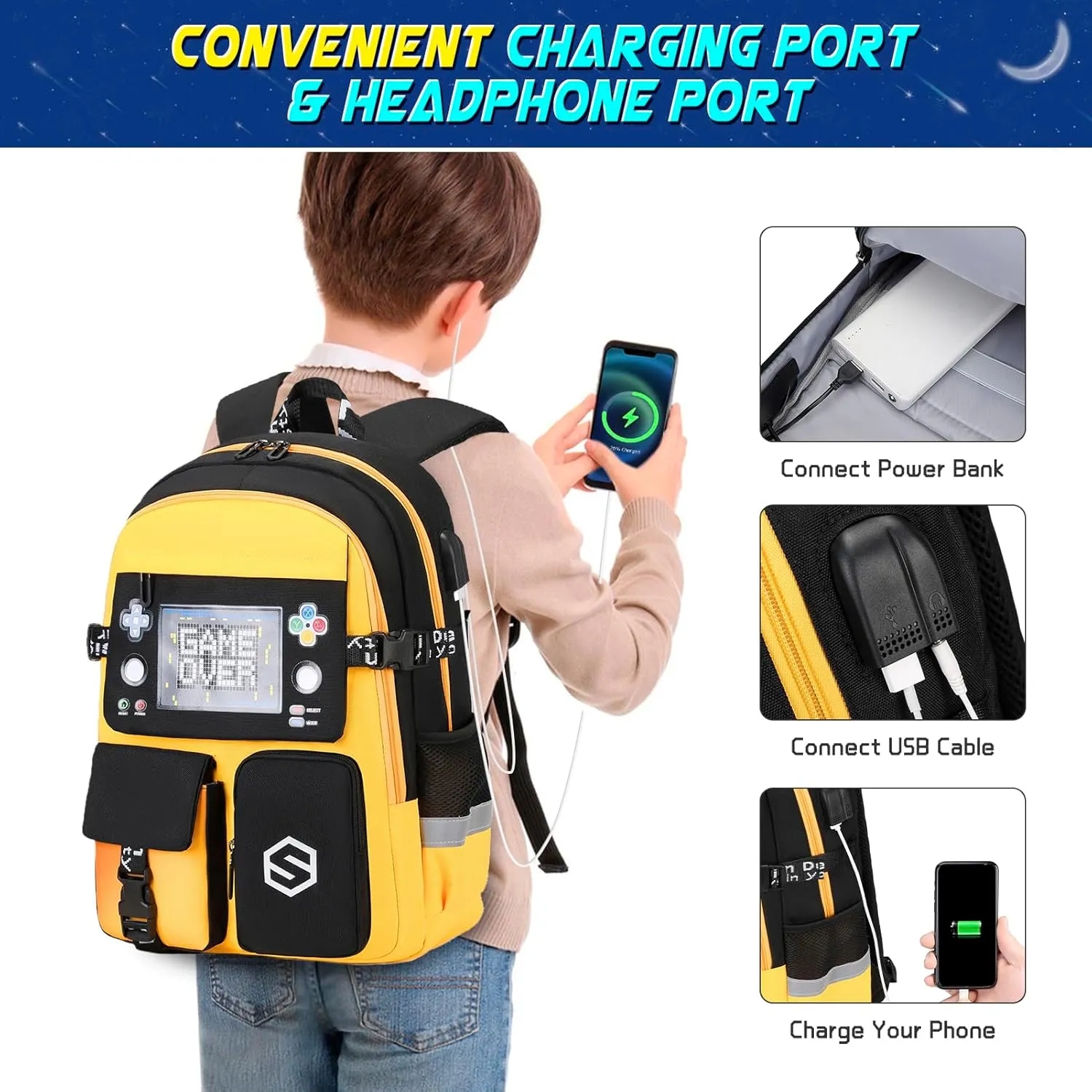 Boys Backpack, Cool Luminous School Backpacks for Boys with Lunch Bag Pencil Case, Kids Backpack Kindergarten Elementary Middle School Book Bags for Teen Boys Children with USB Charging Port