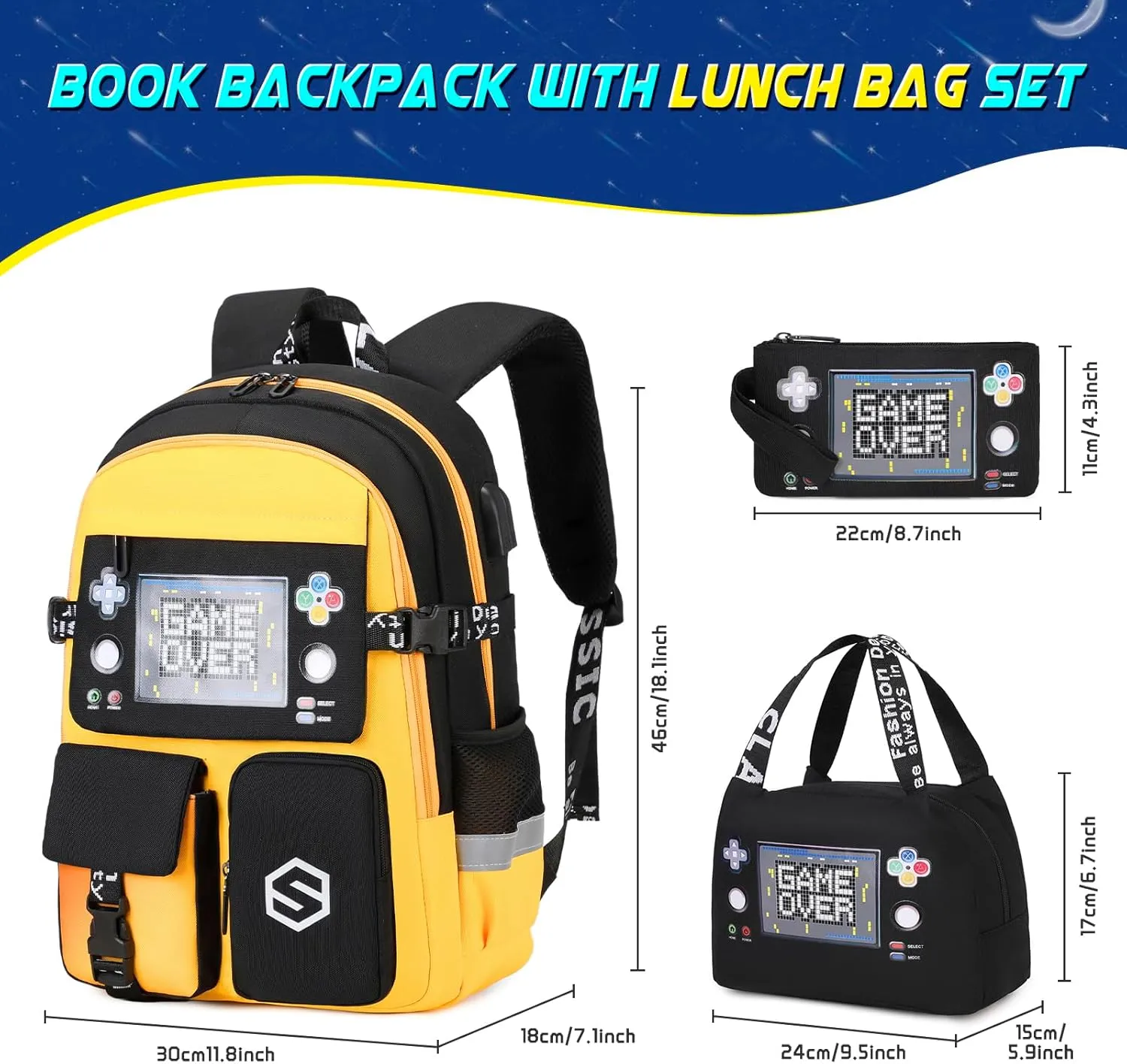 Boys Backpack, Cool Luminous School Backpacks for Boys with Lunch Bag Pencil Case, Kids Backpack Kindergarten Elementary Middle School Book Bags for Teen Boys Children with USB Charging Port