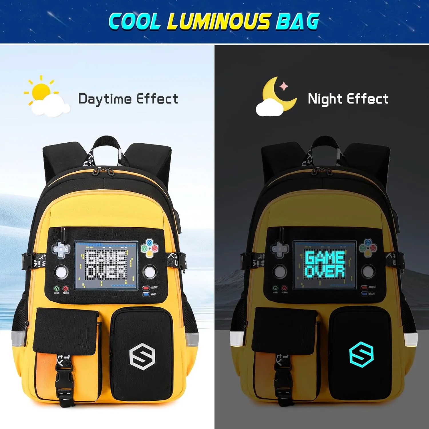 Boys Backpack, Cool Luminous School Backpacks for Boys with Lunch Bag Pencil Case, Kids Backpack Kindergarten Elementary Middle School Book Bags for Teen Boys Children with USB Charging Port