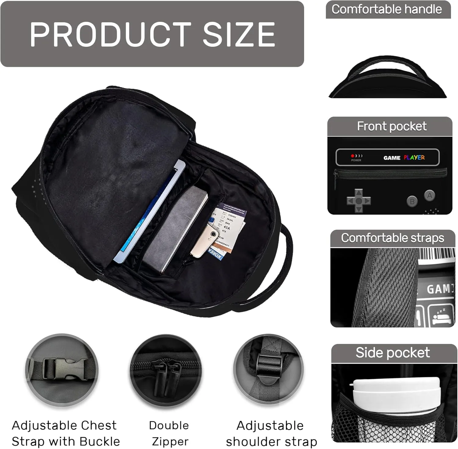 Boys Backpack, Gamer Backpacks For Kids Children Teens, Video Game Bookbag, Large Travel Laptop Backpacks (Black set)