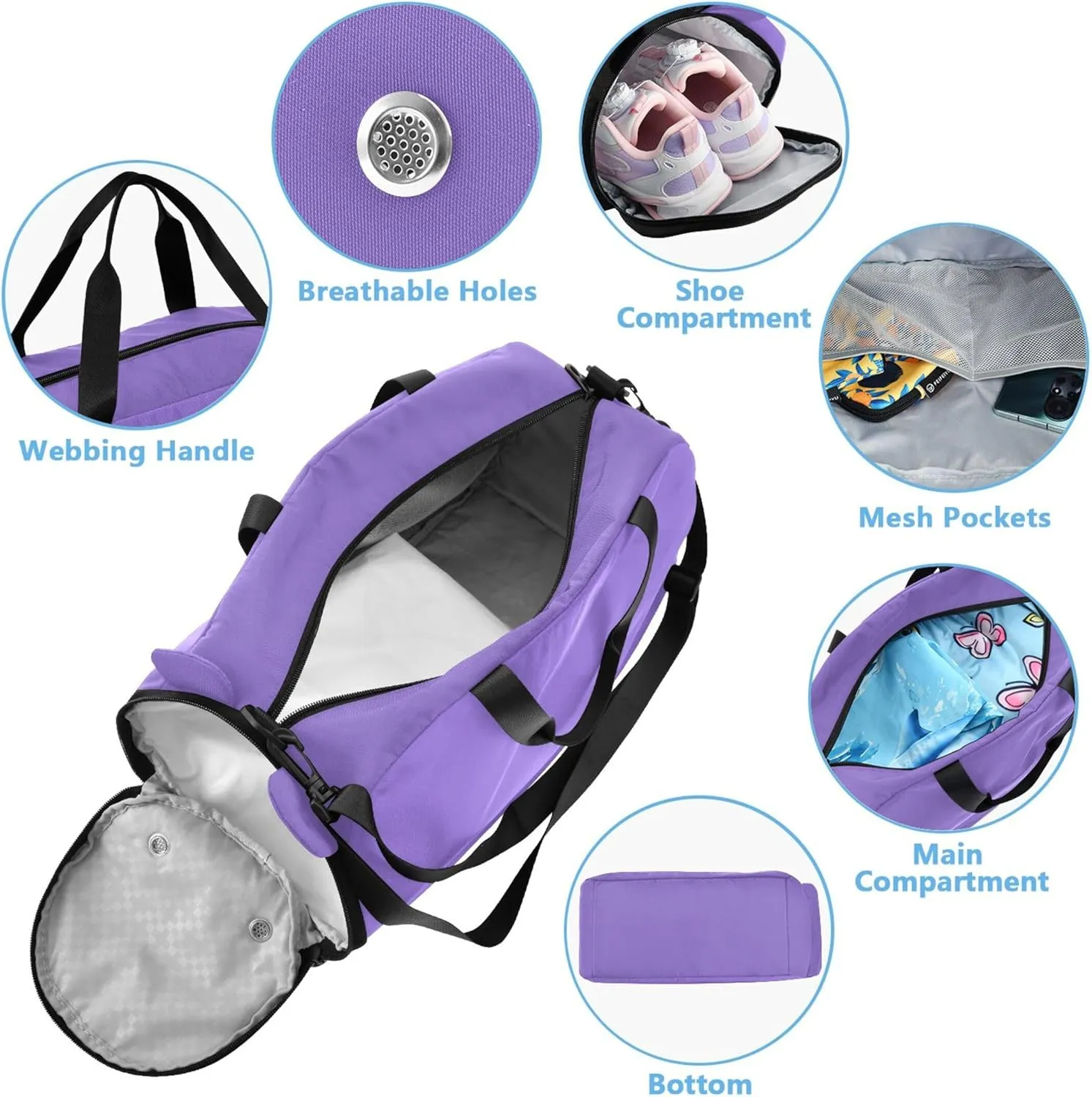 Boys Carry on Duffel Bag Medium Purple Toddler Weekender Bags Girls Tote Duffle Bags Travel with Shoulder Strap