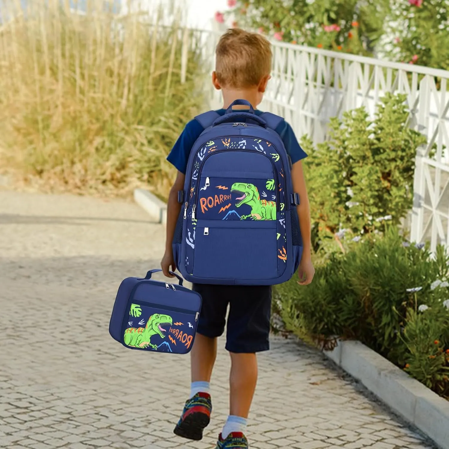 Boys Dinosaur Backpack - 3PCS School Backpack Set With Lunch Box and Pencil Case for Kindergarten, Elementary, Preschool, Middle School