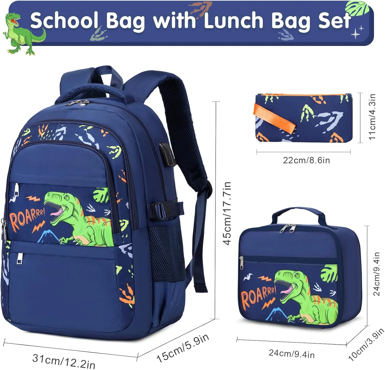 Boys Dinosaur Backpack - 3PCS School Backpack Set With Lunch Box and Pencil Case for Kindergarten, Elementary, Preschool, Middle School