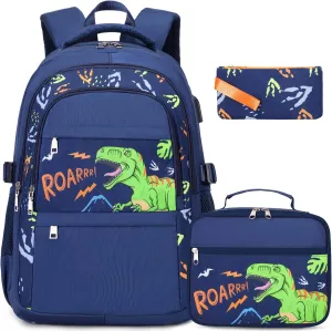 Boys Dinosaur Backpack - 3PCS School Backpack Set With Lunch Box and Pencil Case for Kindergarten, Elementary, Preschool, Middle School