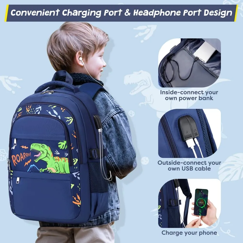 Boys Dinosaur Backpack - 3PCS School Backpack Set With Lunch Box and Pencil Case for Kindergarten, Elementary, Preschool, Middle School