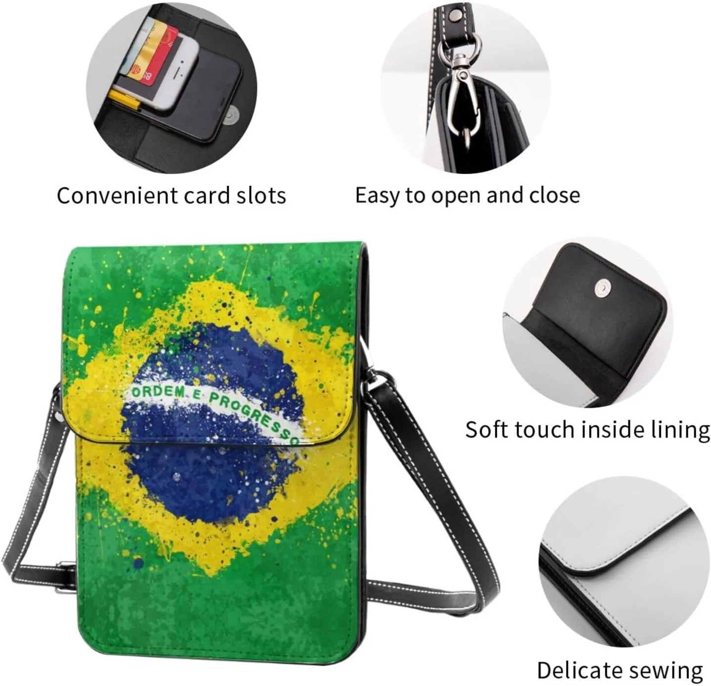 Brazil Flag Brazilian Womans Crossbody Bags Leather Cell Phone Purse Adjustable Shoulder Bags