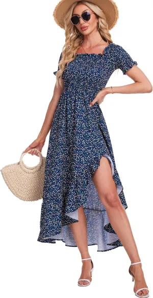 Breezy Lane Women's Floral Print Off Shoulder Split Dress Boho Long A Line Dress