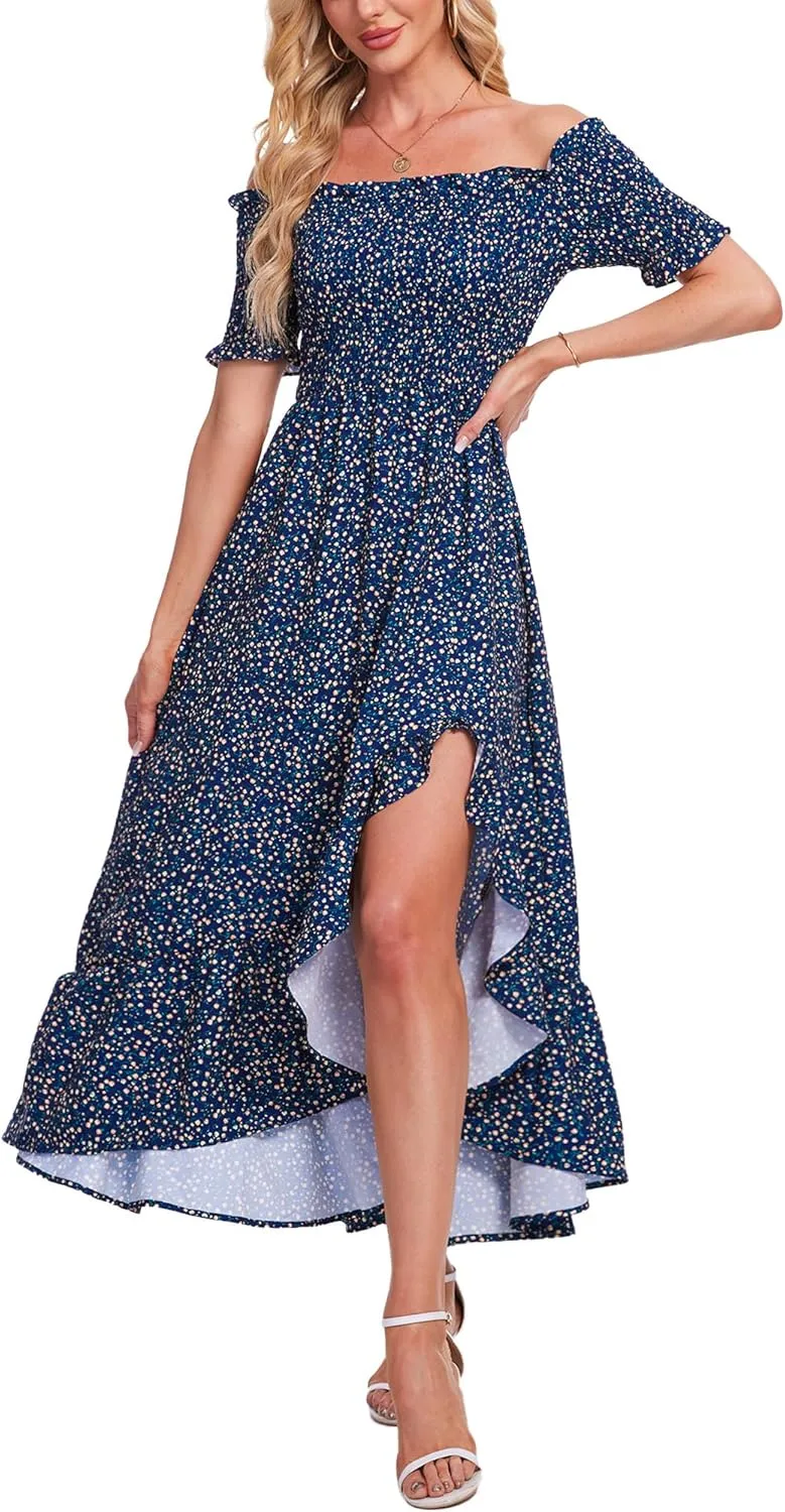 Breezy Lane Women's Floral Print Off Shoulder Split Dress Boho Long A Line Dress