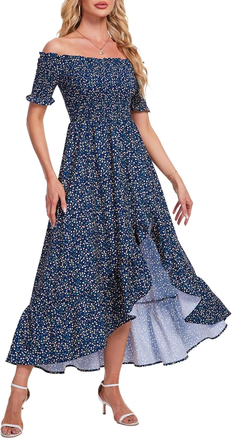 Breezy Lane Women's Floral Print Off Shoulder Split Dress Boho Long A Line Dress
