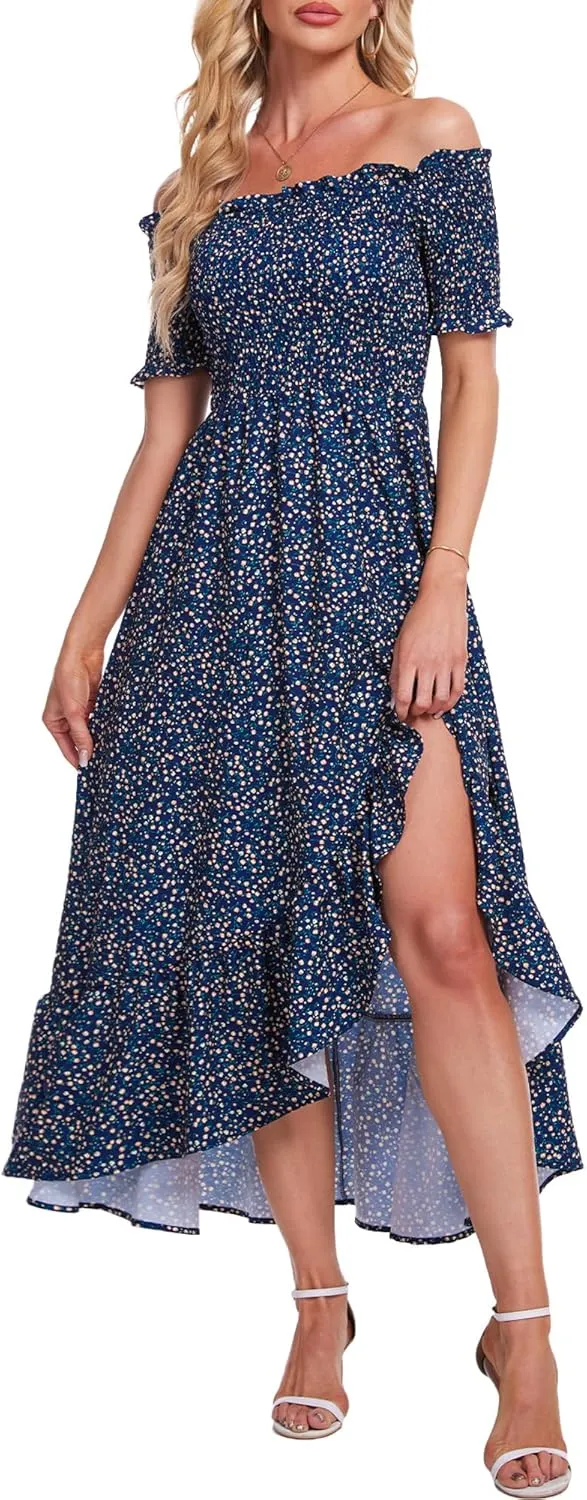 Breezy Lane Women's Floral Print Off Shoulder Split Dress Boho Long A Line Dress