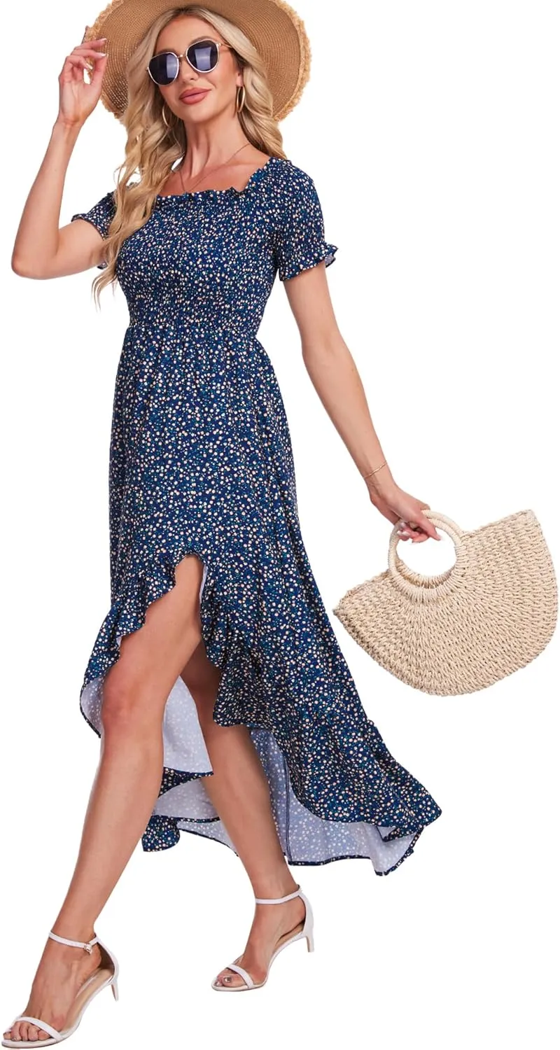 Breezy Lane Women's Floral Print Off Shoulder Split Dress Boho Long A Line Dress