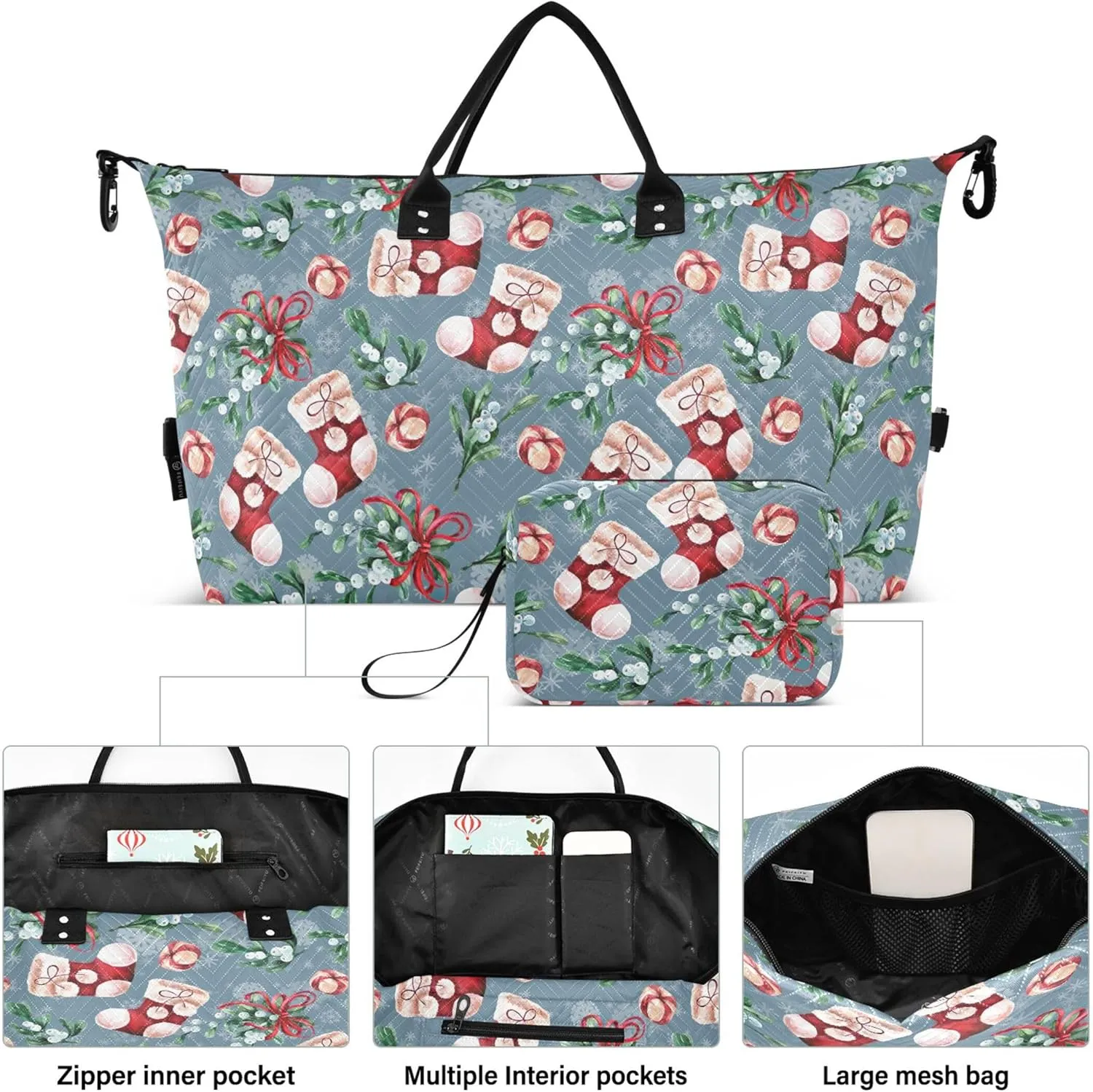 Bright Christmas Sock Fir Duffle Bags Travel Make up Bags Set, Prints Womens Small Duffel Bag Overnight Hospital Bag