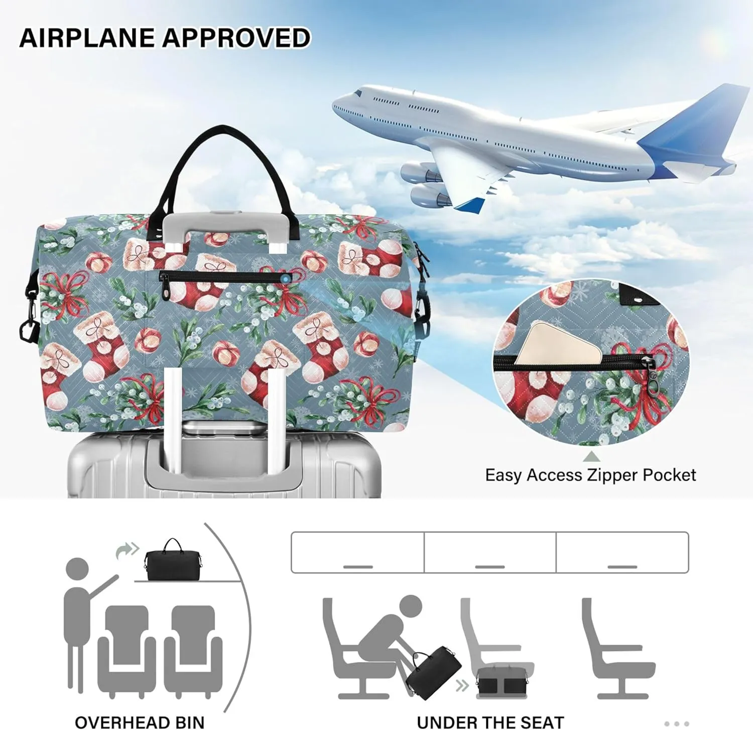 Bright Christmas Sock Fir Duffle Bags Travel Make up Bags Set, Prints Womens Small Duffel Bag Overnight Hospital Bag