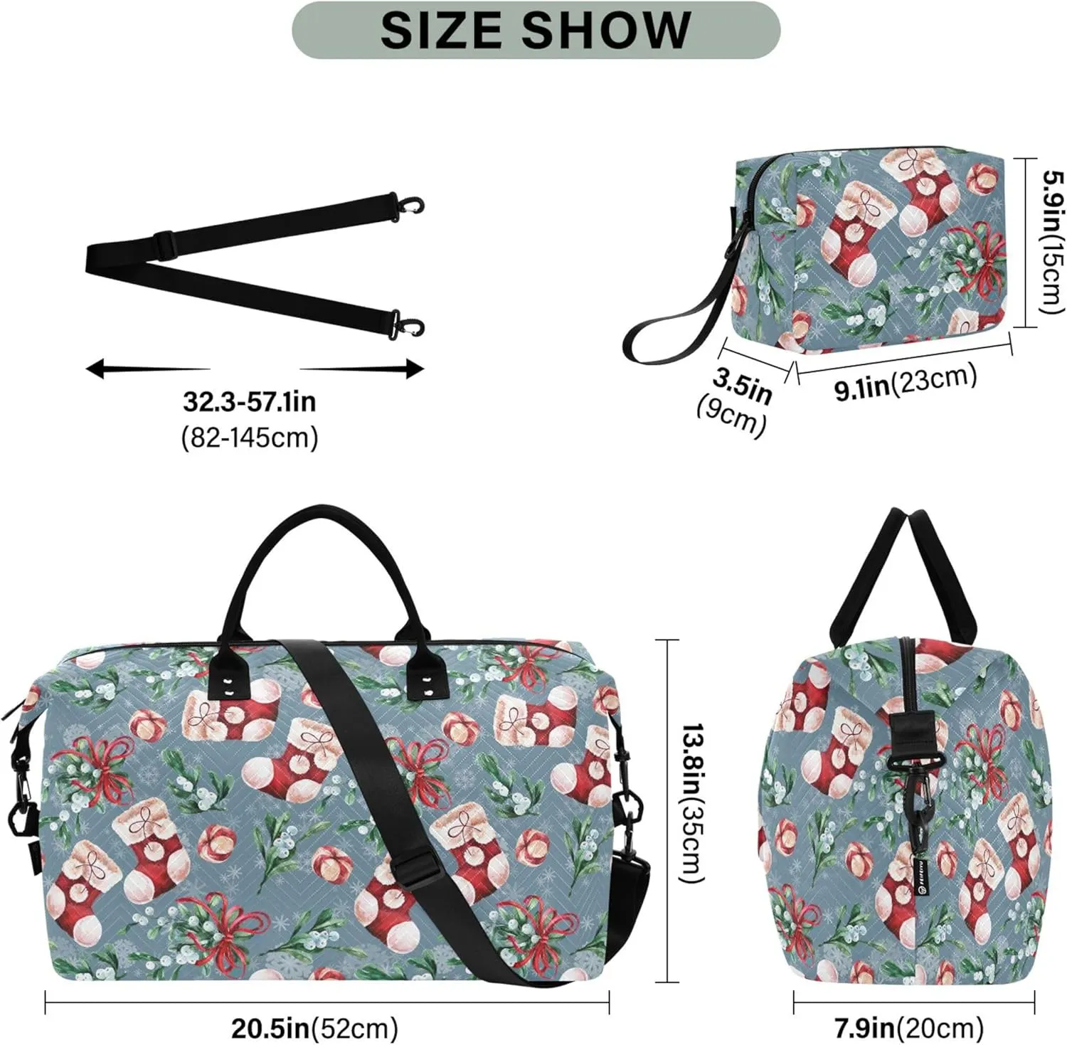 Bright Christmas Sock Fir Duffle Bags Travel Make up Bags Set, Prints Womens Small Duffel Bag Overnight Hospital Bag