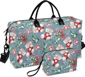 Bright Christmas Sock Fir Duffle Bags Travel Make up Bags Set, Prints Womens Small Duffel Bag Overnight Hospital Bag