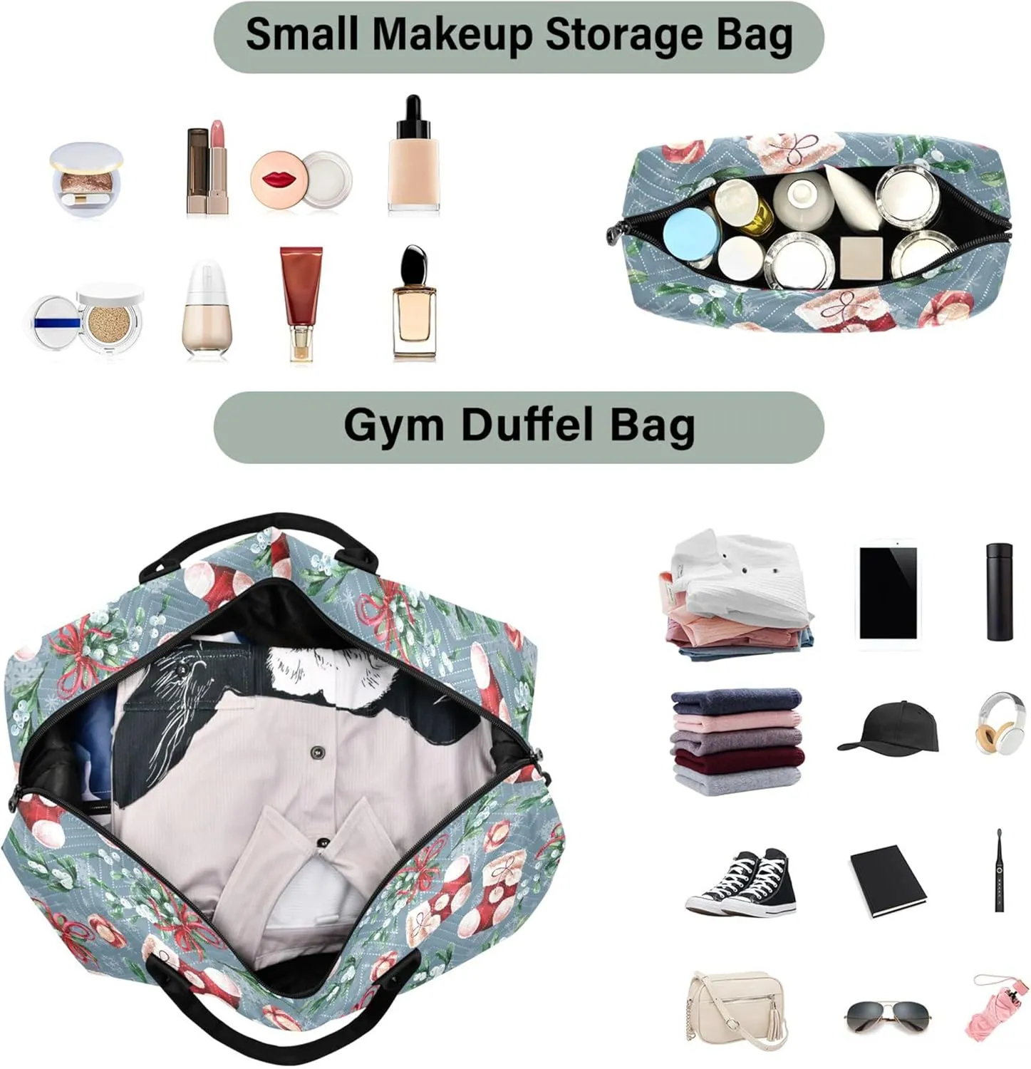 Bright Christmas Sock Fir Duffle Bags Travel Make up Bags Set, Prints Womens Small Duffel Bag Overnight Hospital Bag