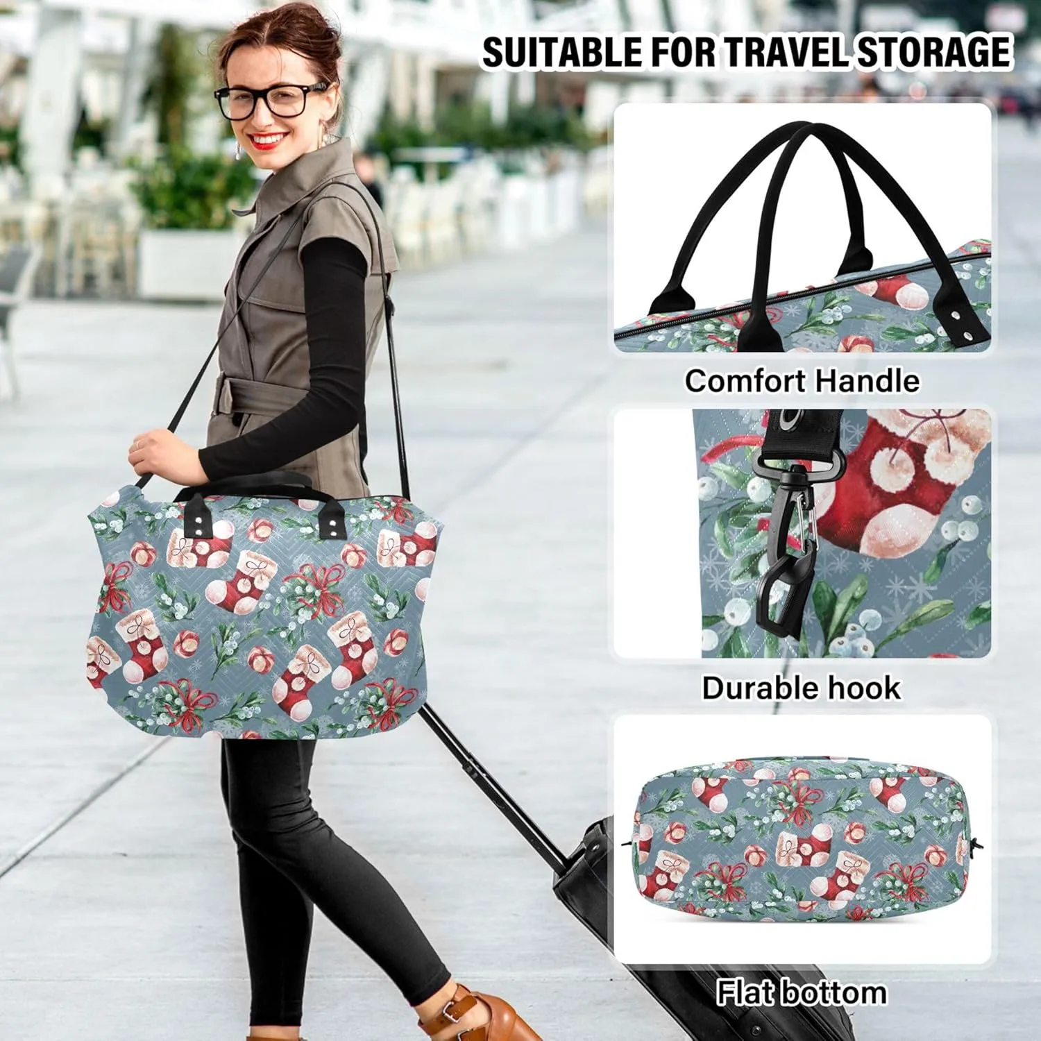 Bright Christmas Sock Fir Duffle Bags Travel Make up Bags Set, Prints Womens Small Duffel Bag Overnight Hospital Bag