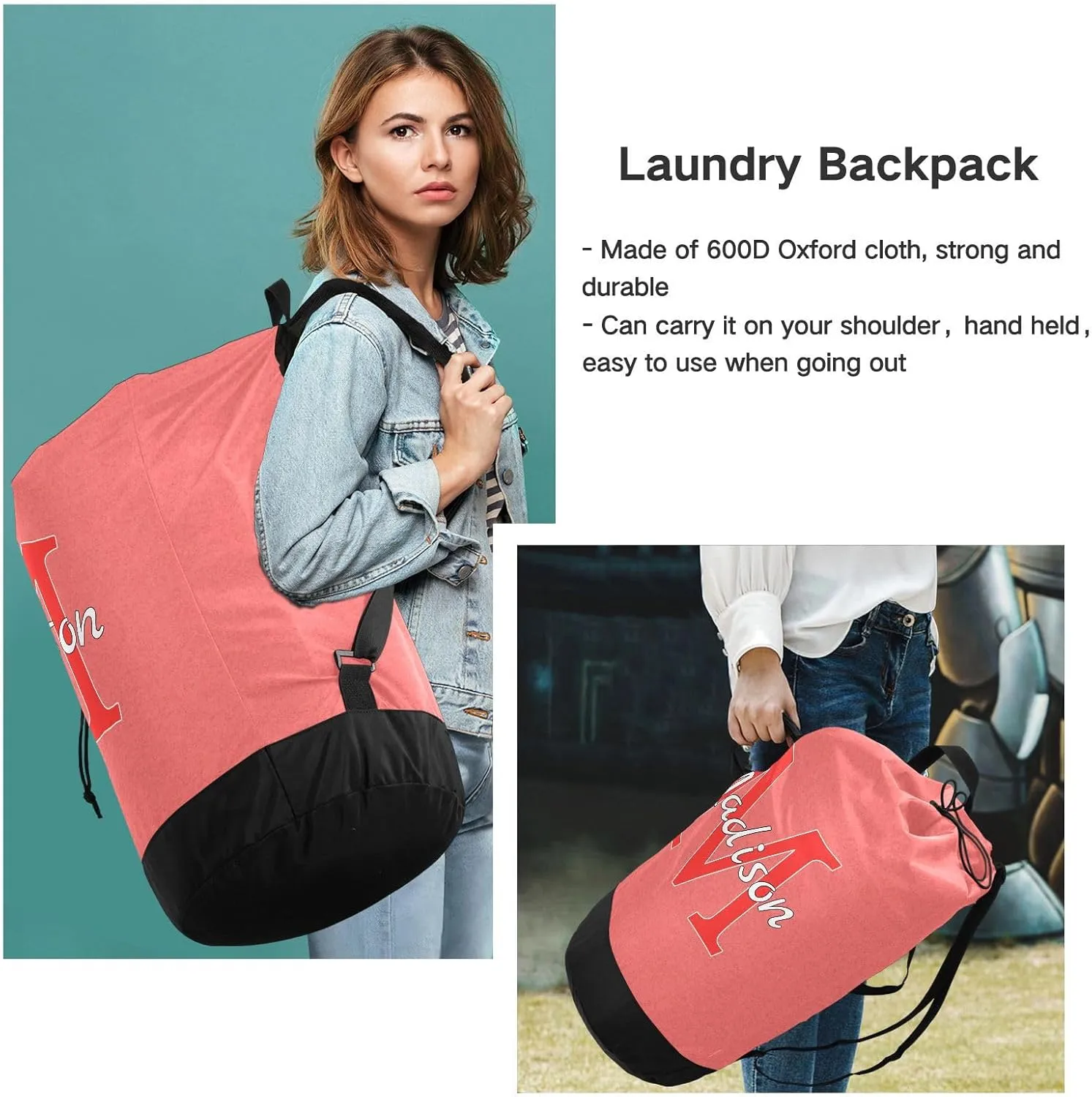 Bright Pink Personalized Nylon Travel Laundry Bag for Luggage Custom Dirty Clothes Organizer with Drawstring Closure & Shoulder Straps Laundry Hamper Liner for College Dorm Factories Apartment