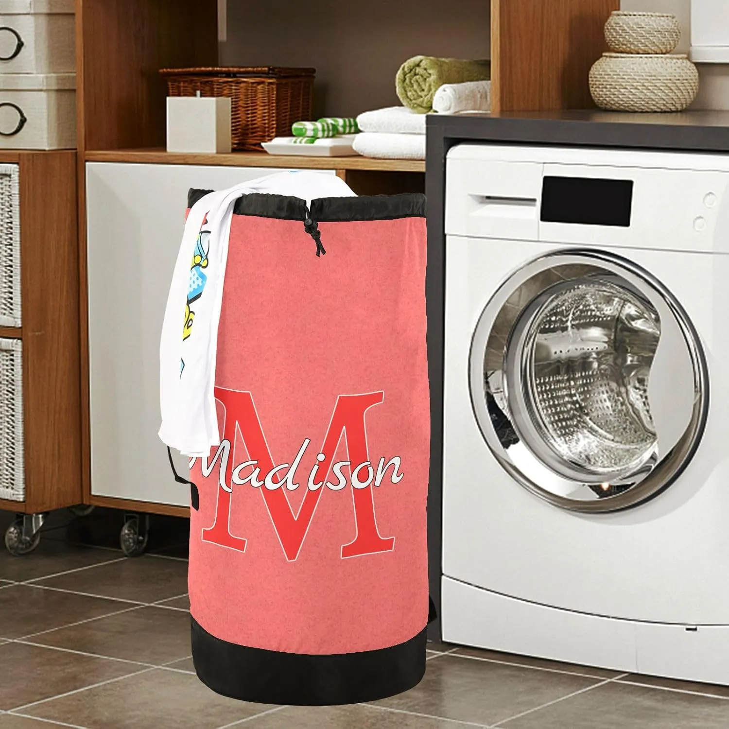 Bright Pink Personalized Nylon Travel Laundry Bag for Luggage Custom Dirty Clothes Organizer with Drawstring Closure & Shoulder Straps Laundry Hamper Liner for College Dorm Factories Apartment