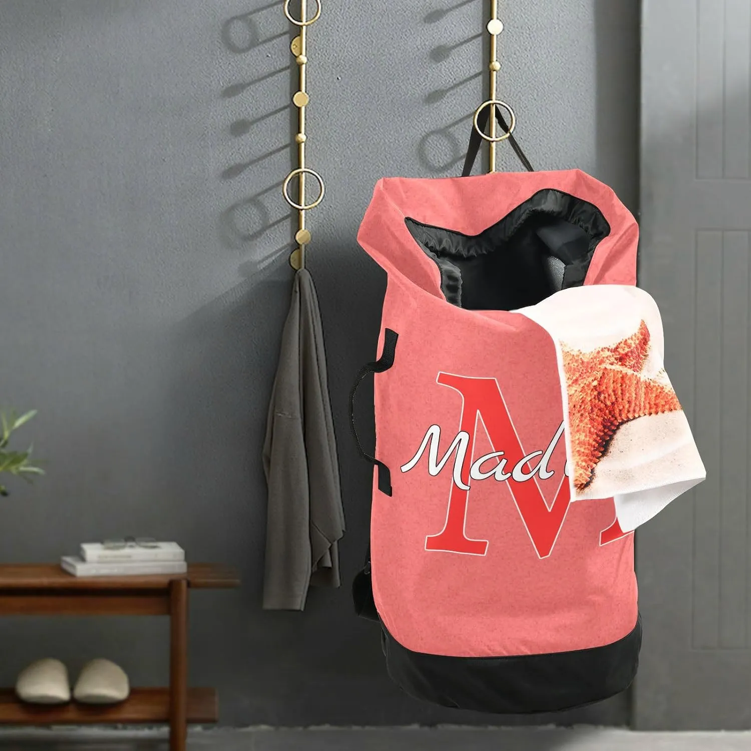 Bright Pink Personalized Nylon Travel Laundry Bag for Luggage Custom Dirty Clothes Organizer with Drawstring Closure & Shoulder Straps Laundry Hamper Liner for College Dorm Factories Apartment