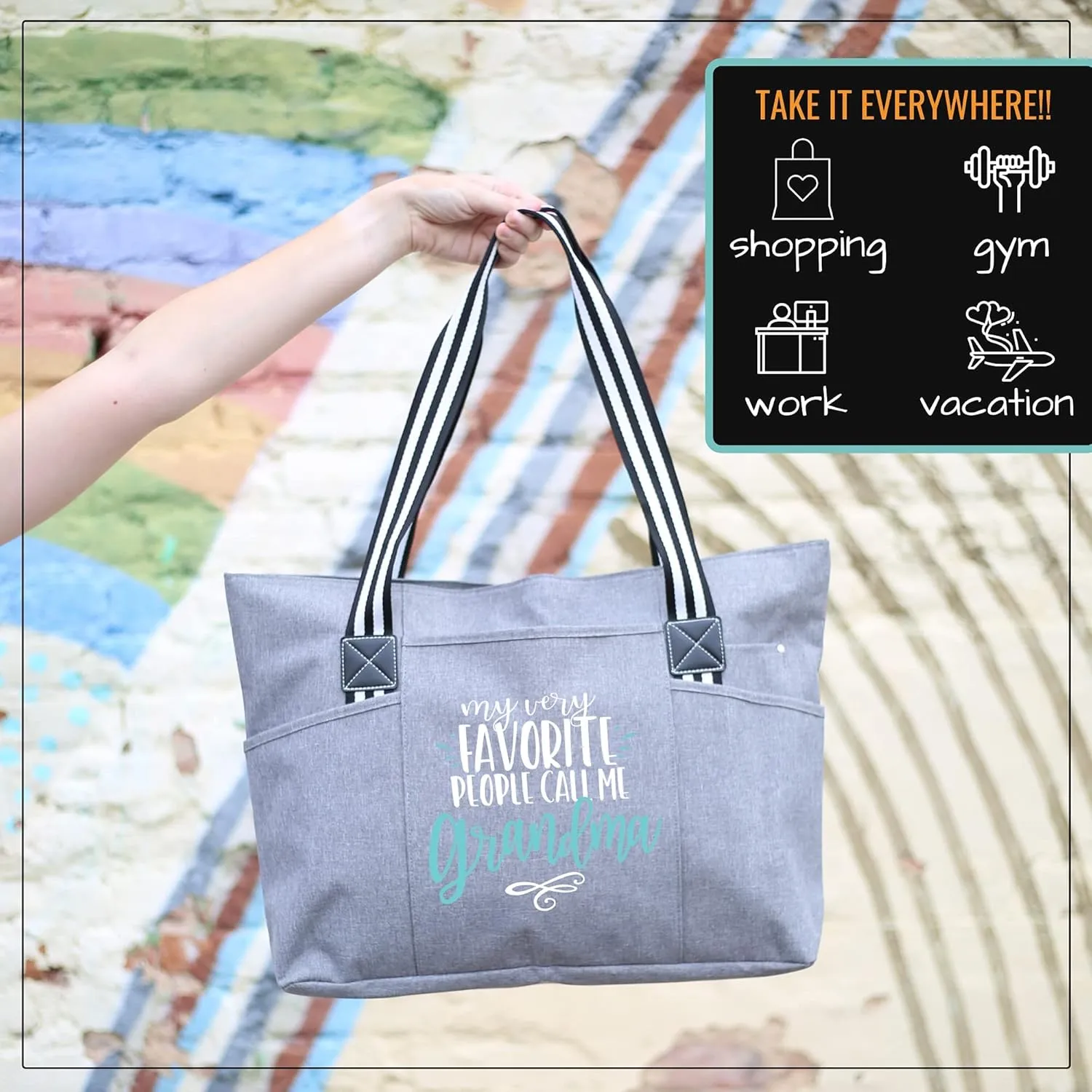 Brooke & Jess Designs Tote Bag for Grandma – Sturdy Canvas Grandma Tote w/Zipper & Inner Pocket Grandma Bag for Everyday Use