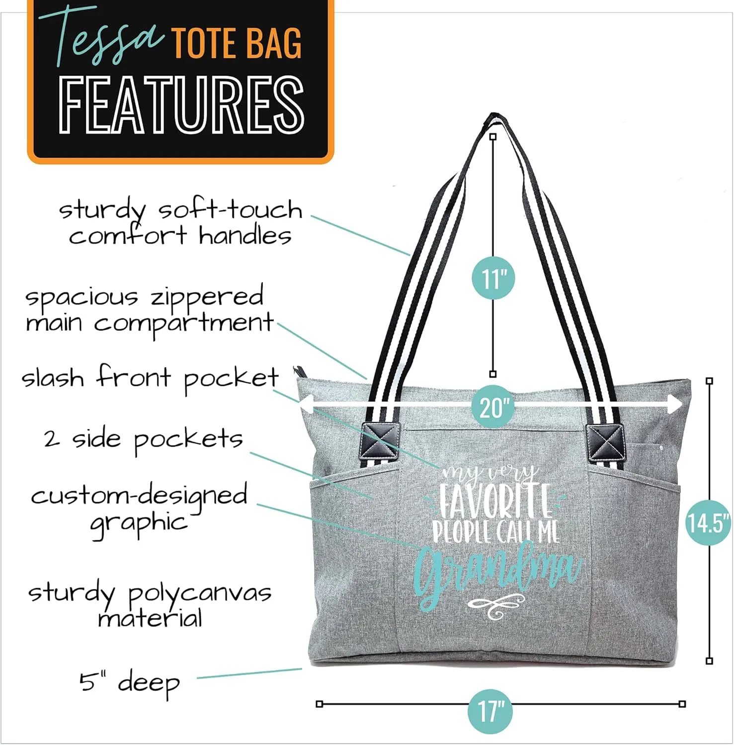 Brooke & Jess Designs Tote Bag for Grandma – Sturdy Canvas Grandma Tote w/Zipper & Inner Pocket Grandma Bag for Everyday Use