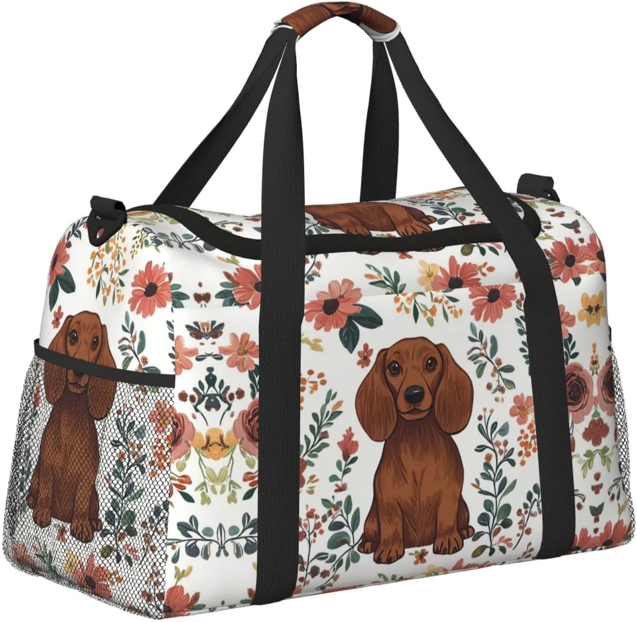 Brown Dog Floral Duffle Bag Foldable Travel Tote Bag Carry On Large Weekender Overnight Bags Waterproof Gym Bag For Women Men